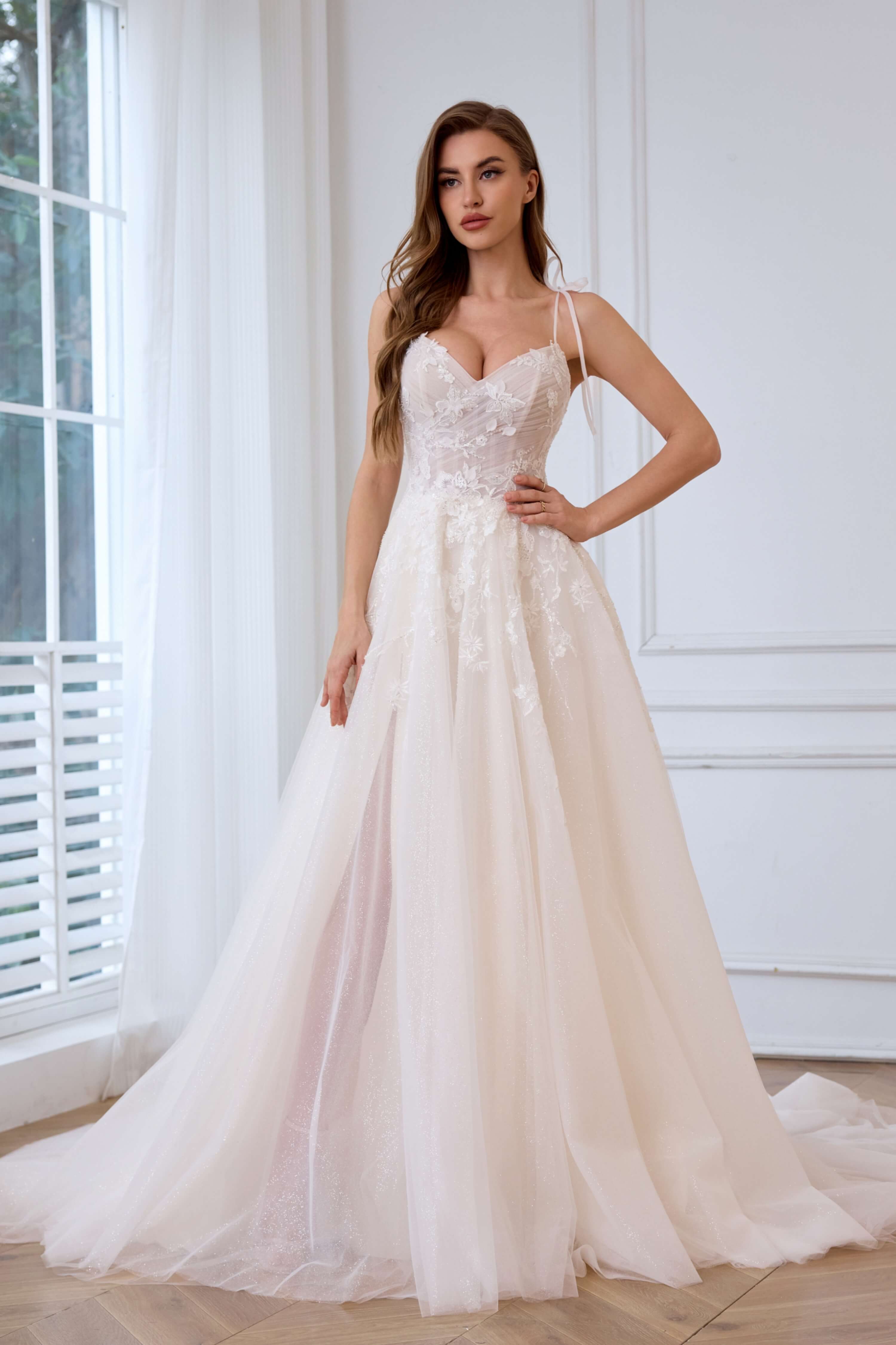 Plunging V-Neck Floral A-Line Wedding Dress with Slit-AND Bride