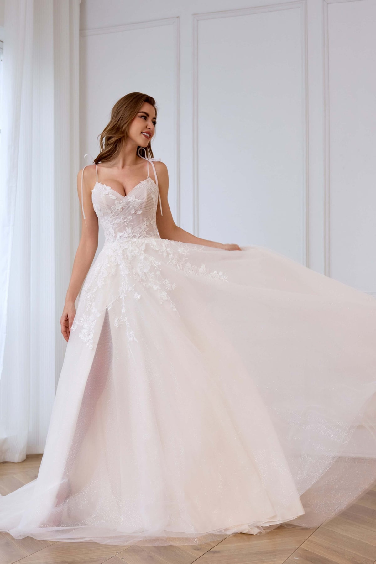 Plunging V-Neck Floral A-Line Wedding Dress with Slit-AND Bride
