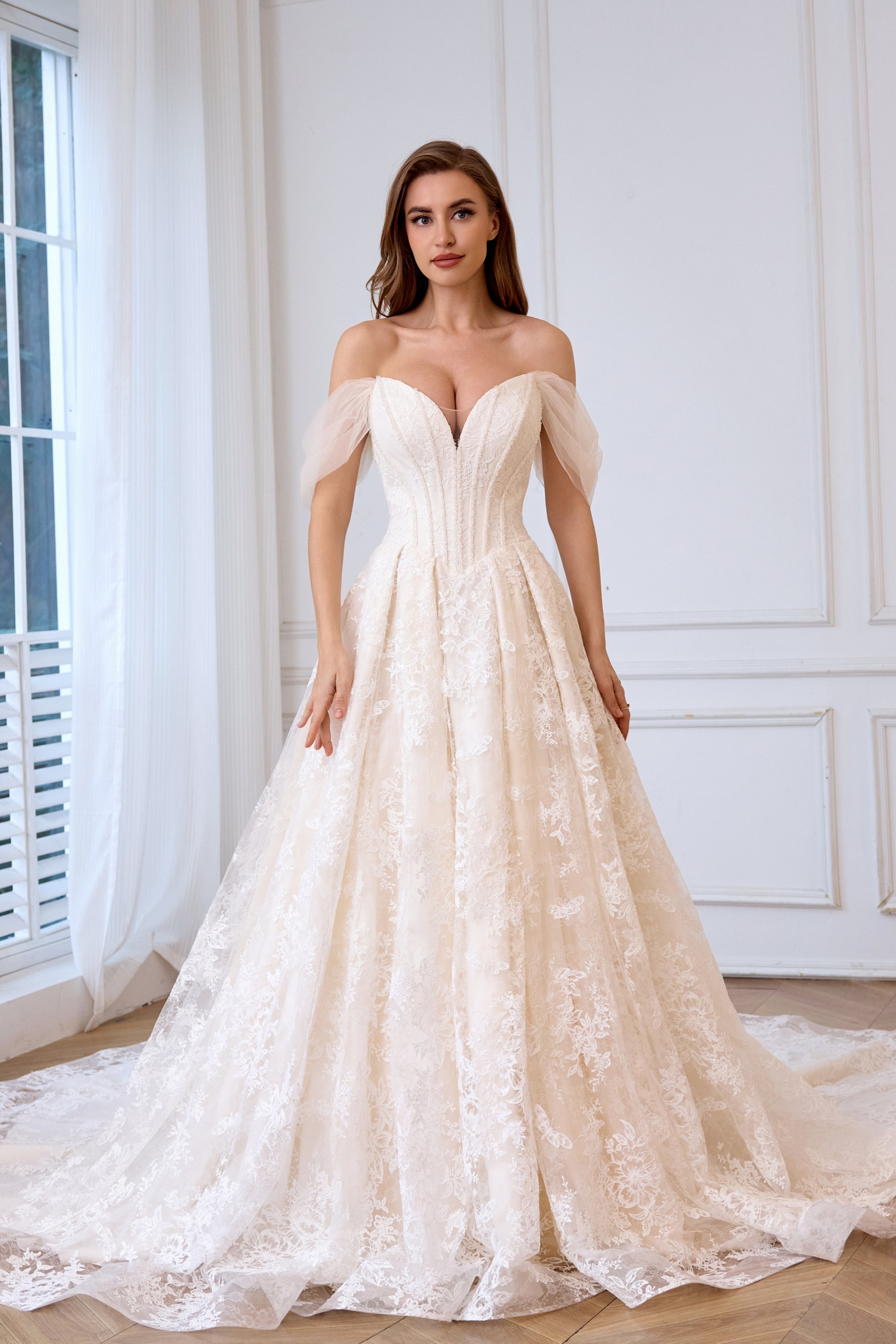 Elegant lace Sparkly beaded ball gown bridal dress with Detachable Off-The-Shoulder-Sleeves, back tie-up LVB2624
