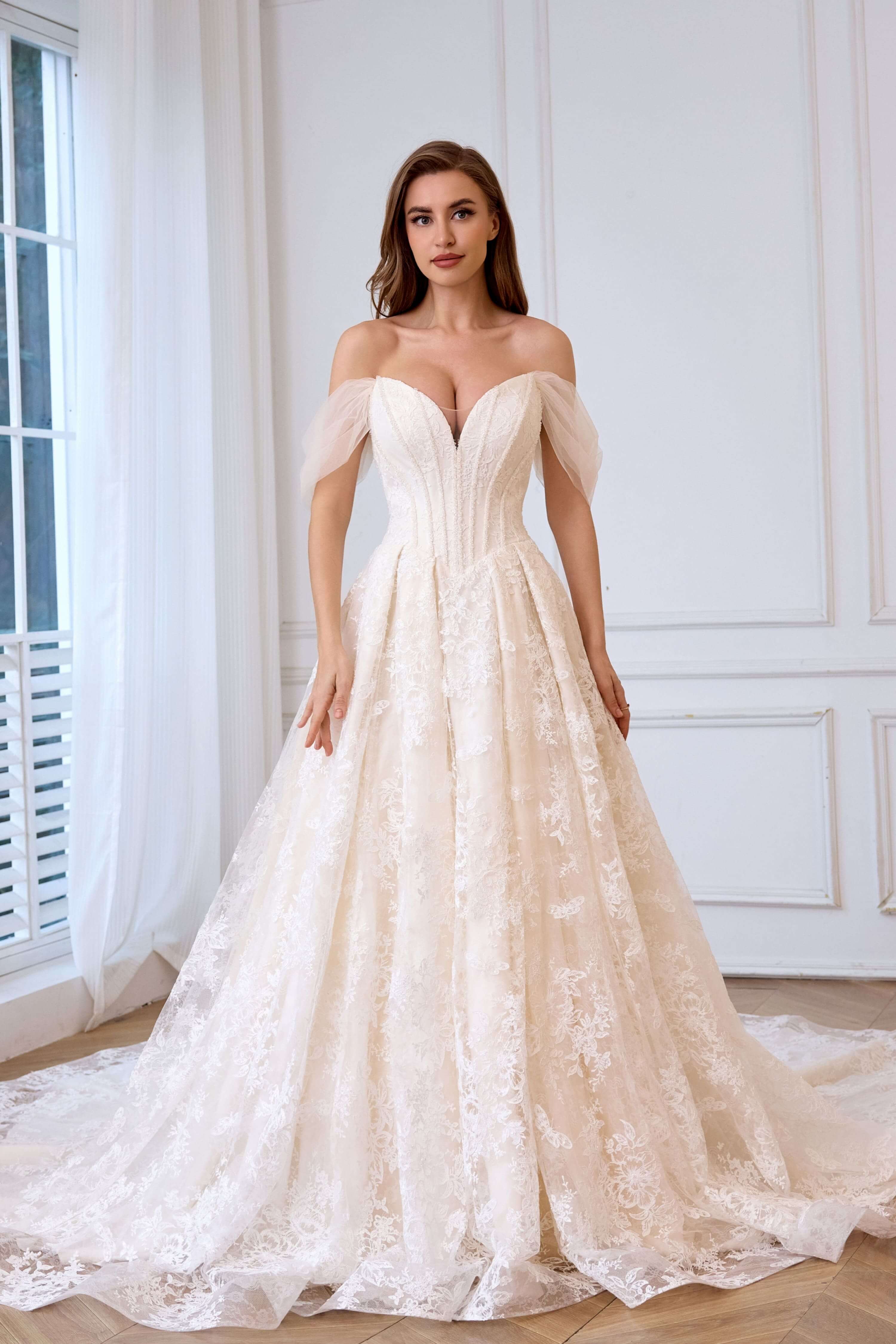 Sparkling Beaded Lace Ball Gown Dress with Detachable Sleeves-AND Bride