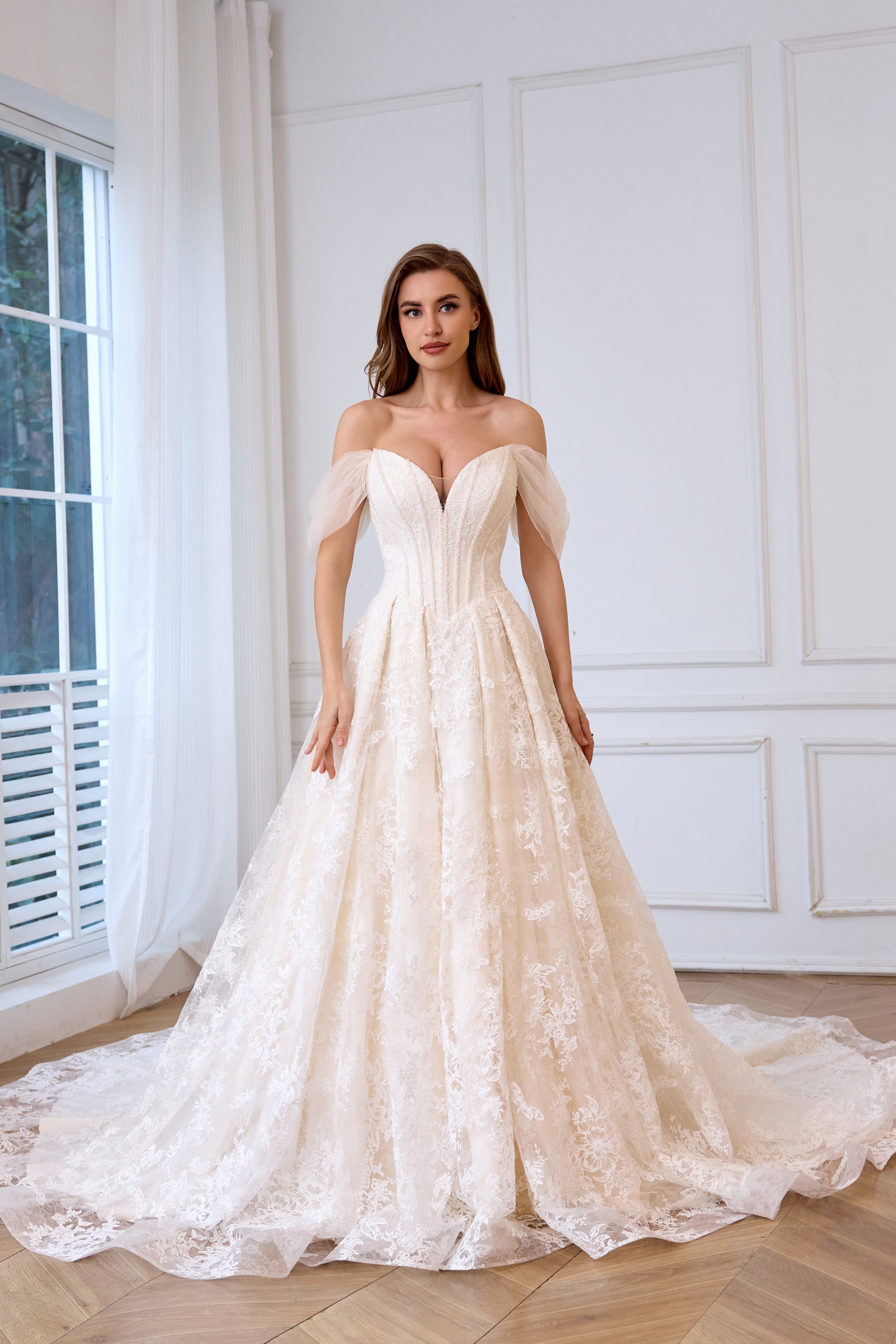 Elegant lace Sparkly beaded ball gown bridal dress with Detachable Off-The-Shoulder-Sleeves, back tie-up LVB2624