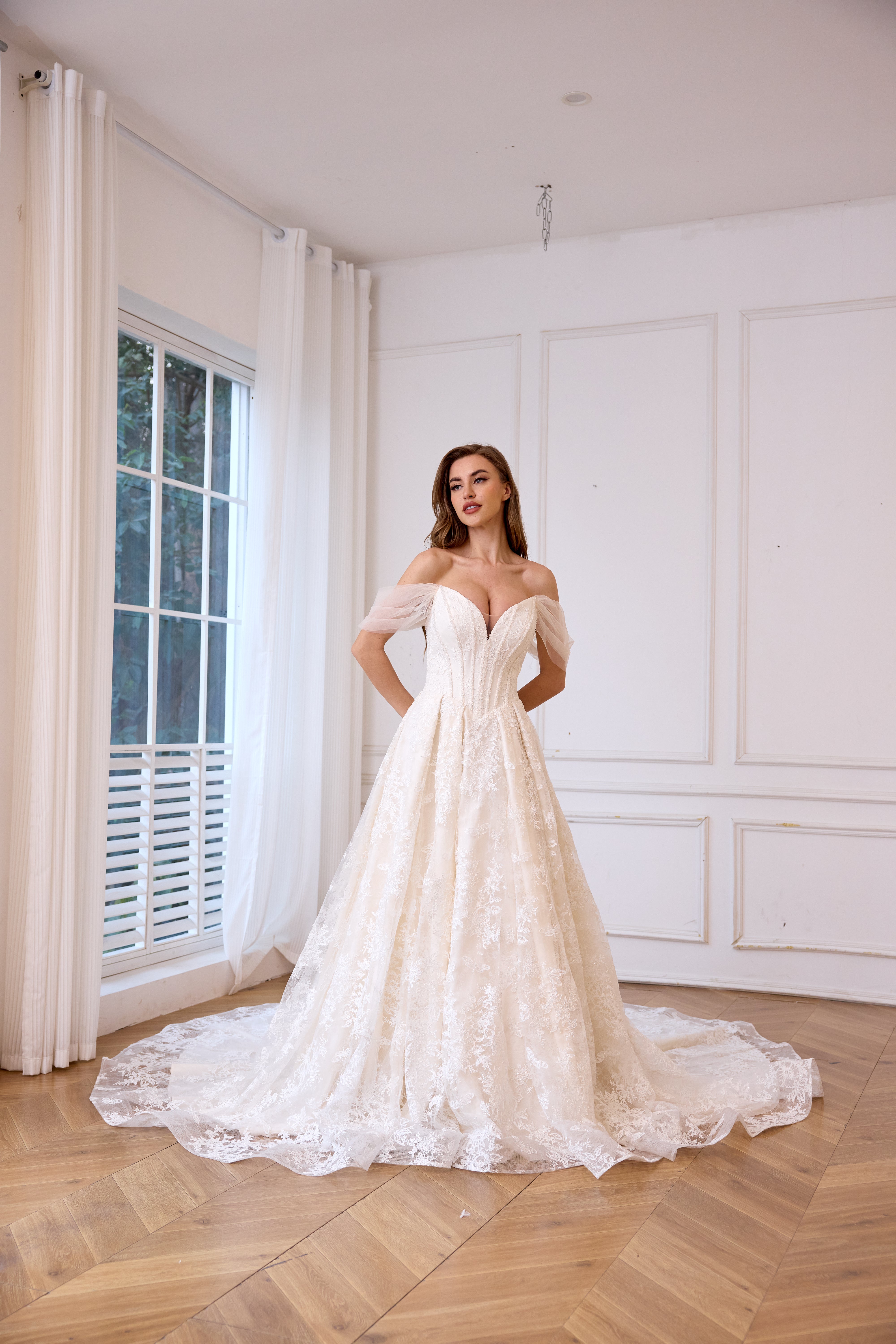 Elegant lace Sparkly beaded ball gown bridal dress with Detachable Off-The-Shoulder-Sleeves, back tie-up LVB2624