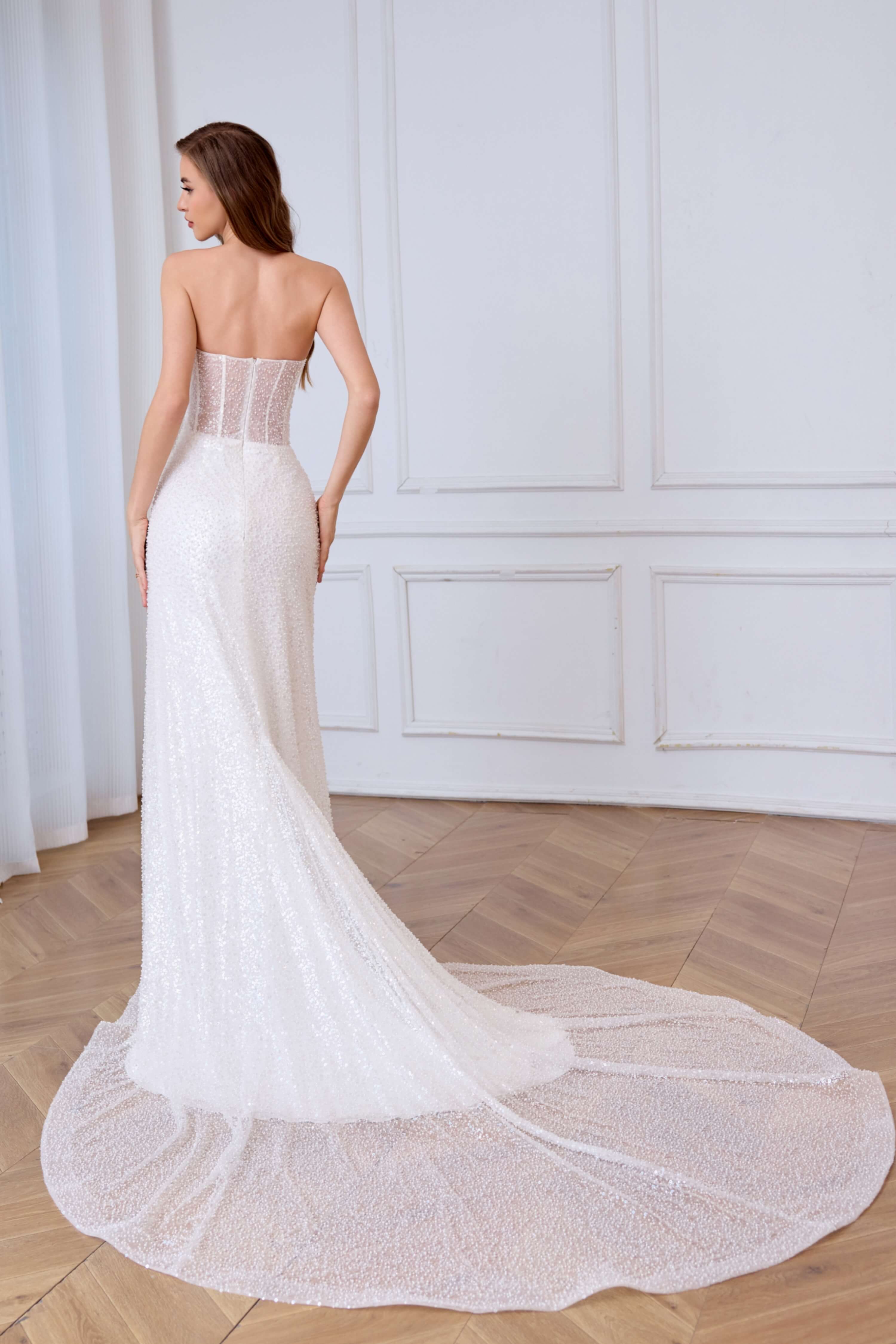 Beaded Mermaid Wedding Dress with Slit and Detachable Sleeves-AND Bride