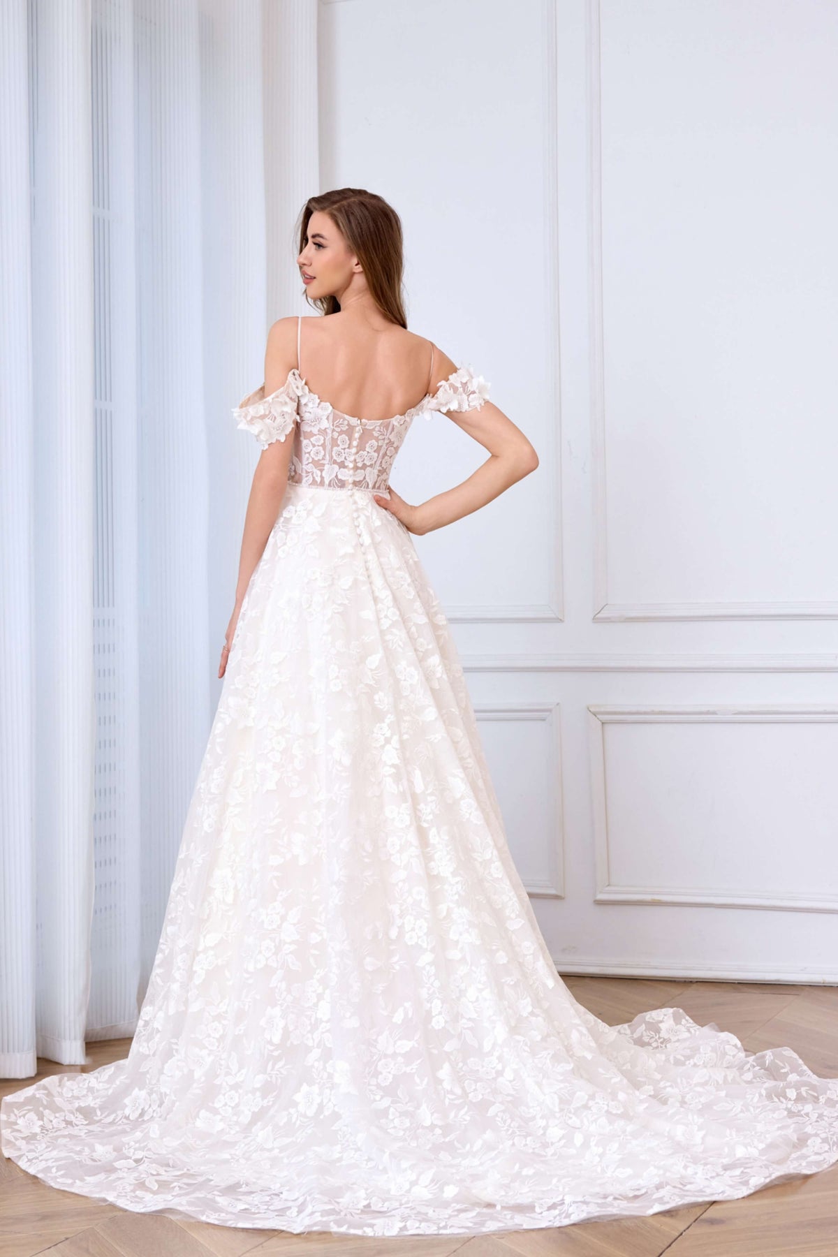 Floral Beaded A-Line Wedding Dress with Thigh-High Slit-AND Bride