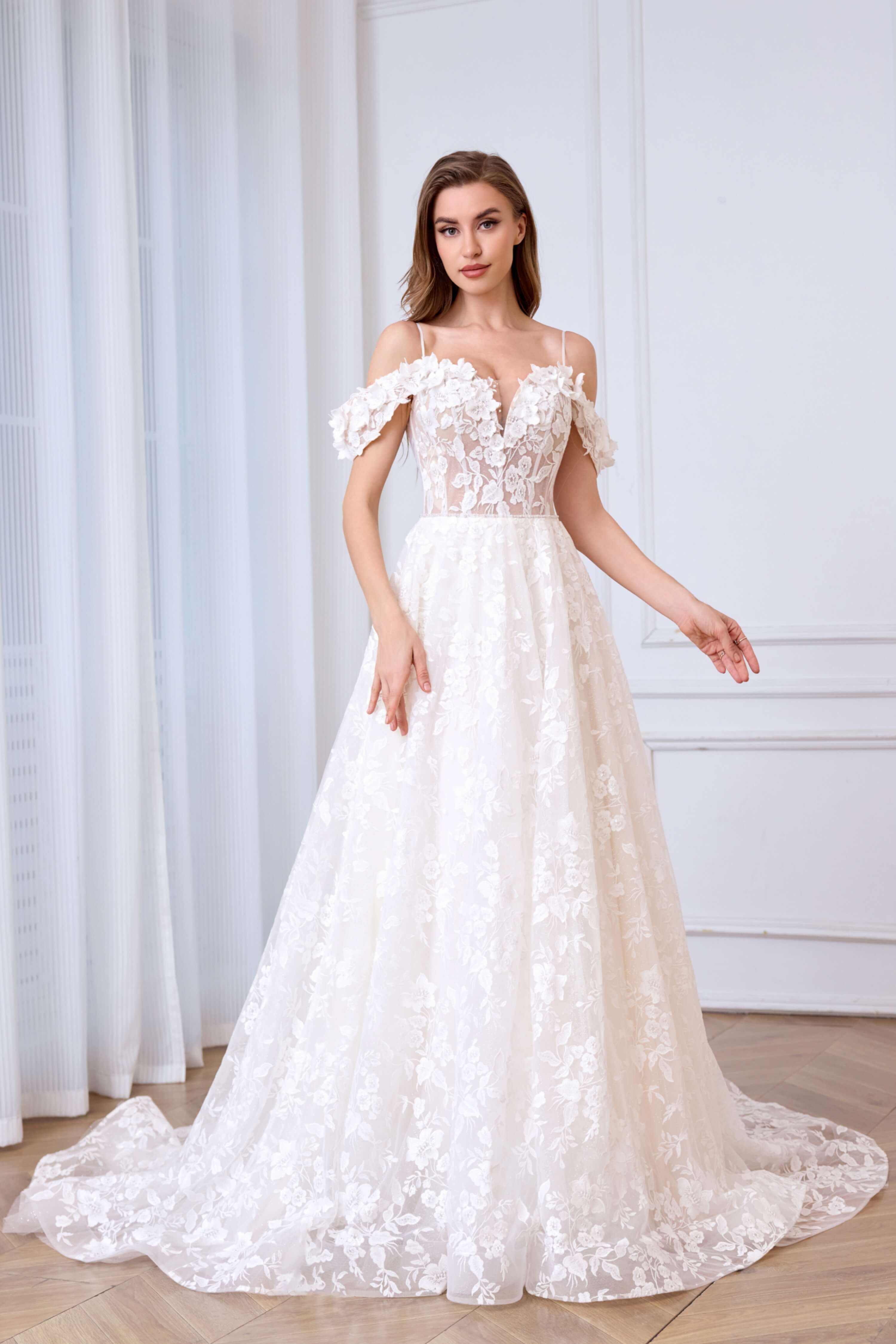 Off-Shoulder Floral Lace Ball Gown Wedding Dress with Deep V-Neck-AND Bride