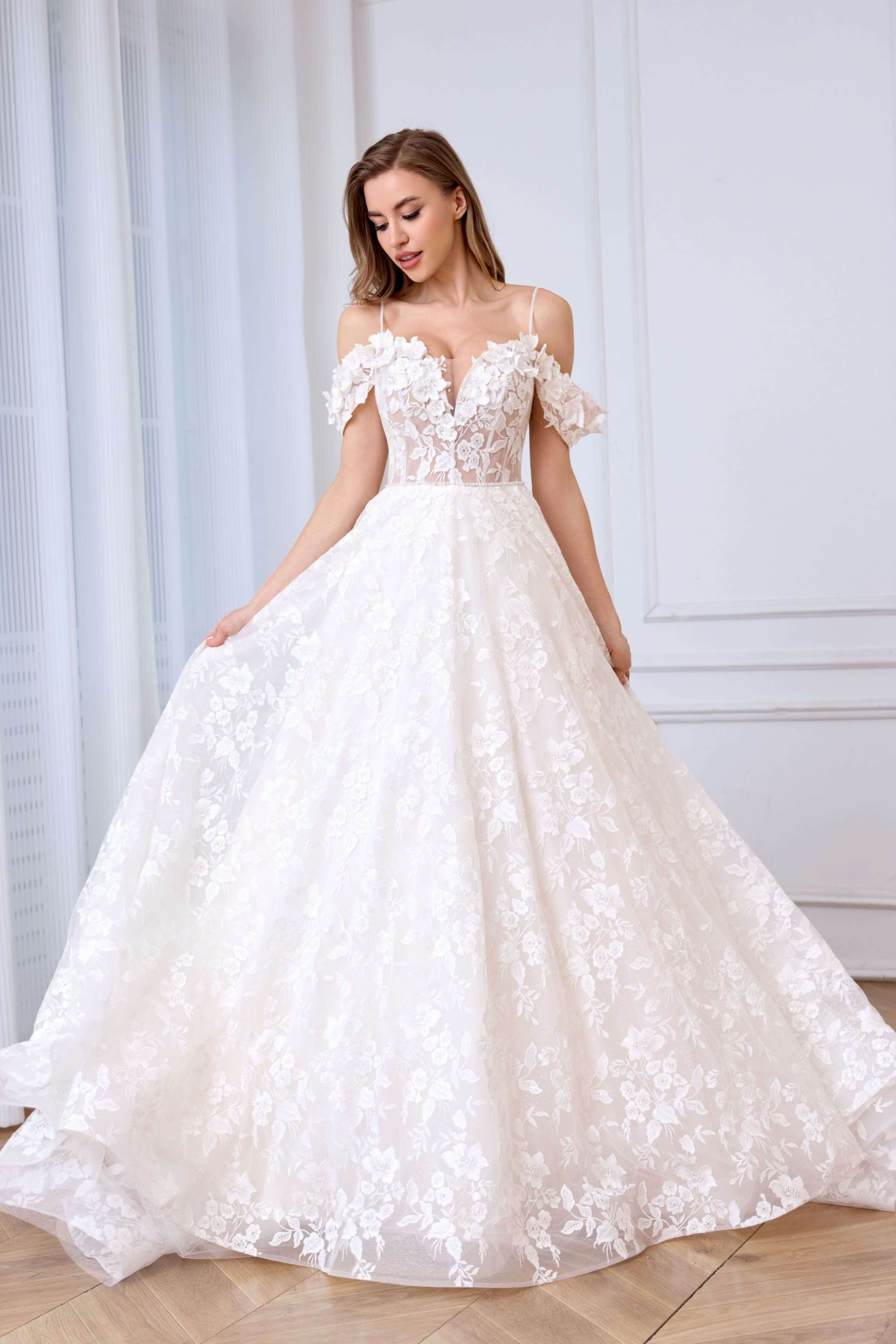 Off-Shoulder Floral Lace Ball Gown Wedding Dress with Deep V-Neck-AND Bride