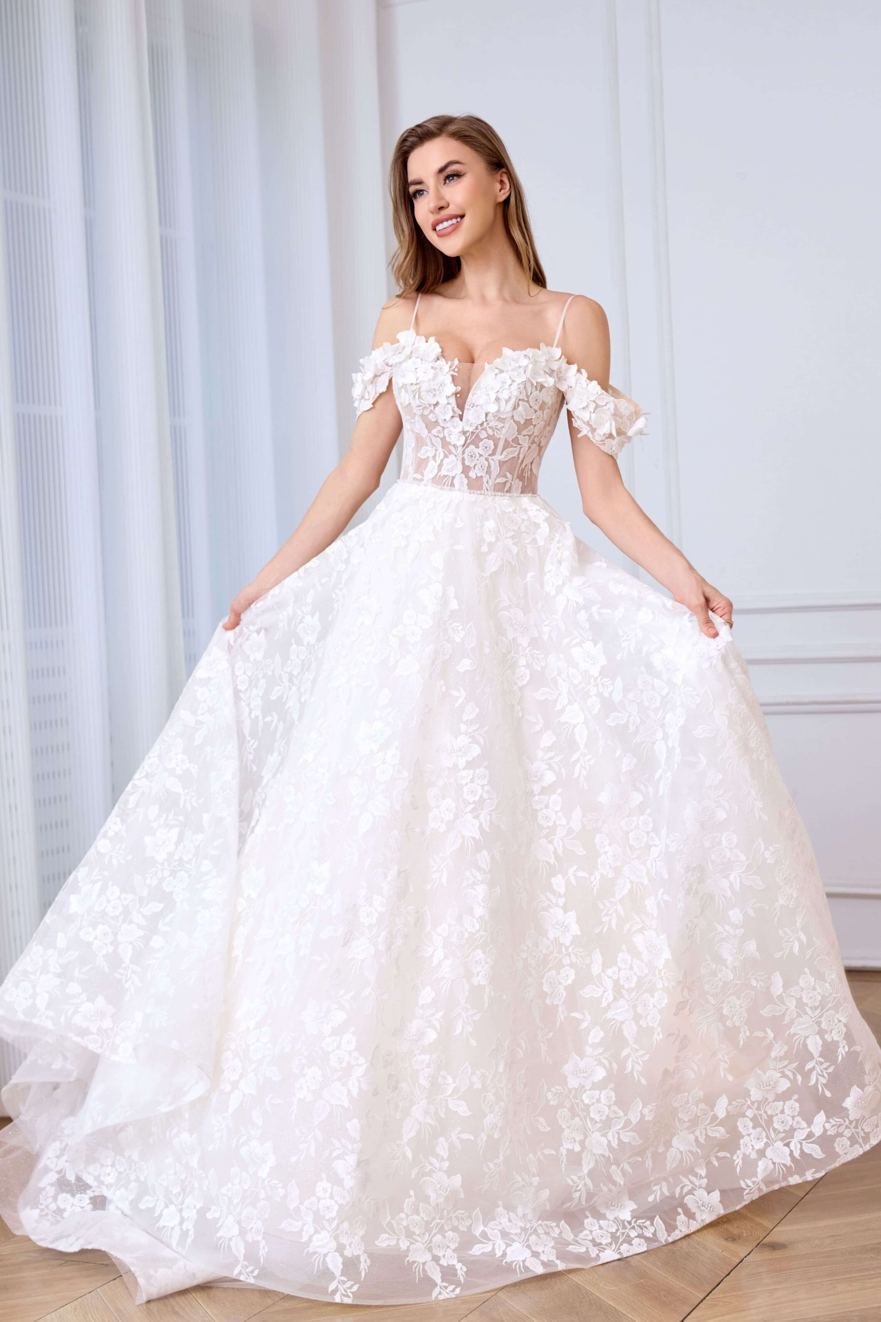 Off-Shoulder Floral Lace Ball Gown Wedding Dress with Deep V-Neck-AND Bride