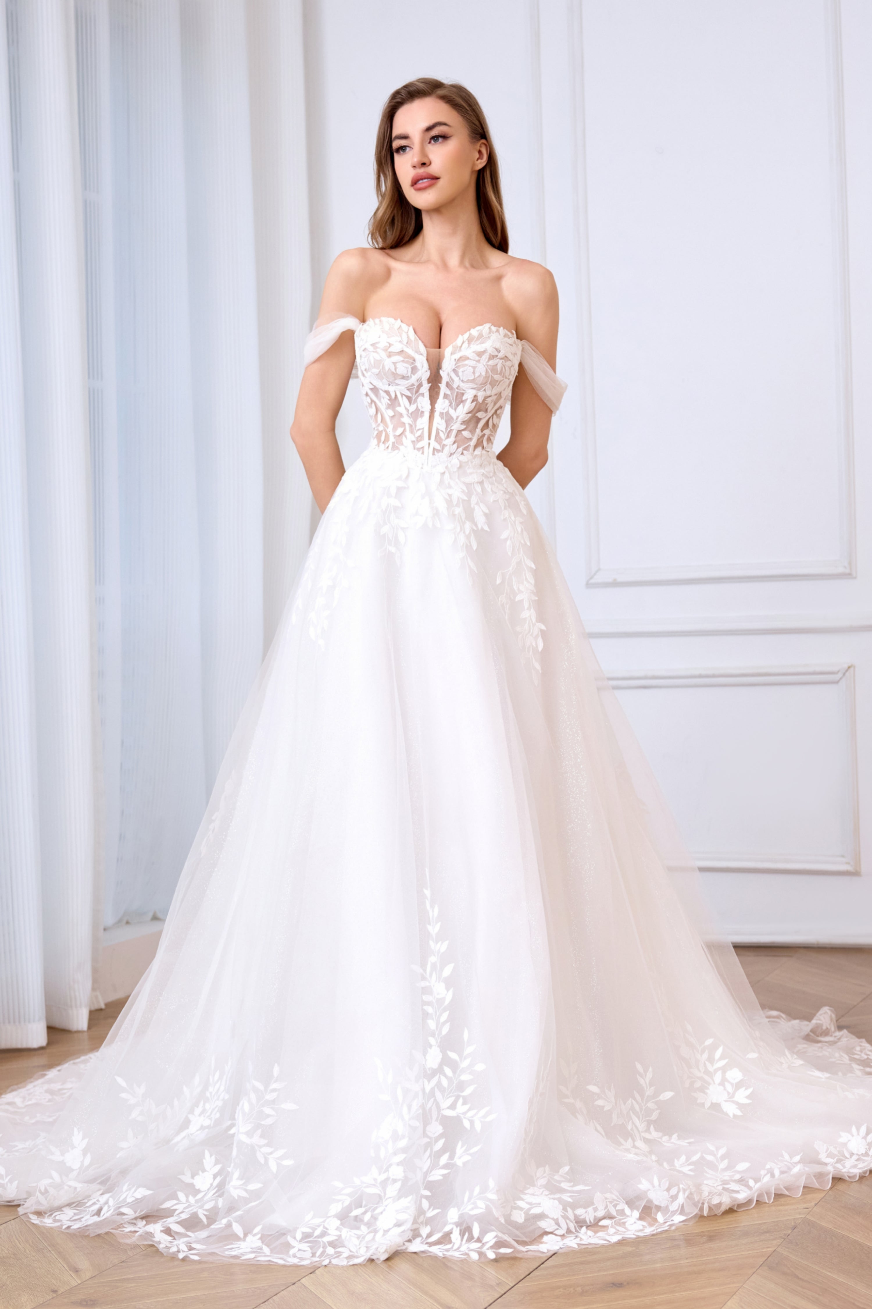 sexy floral lace wedding dress with an illusion corset back and plunging neckline LVB2601 by AND Bride