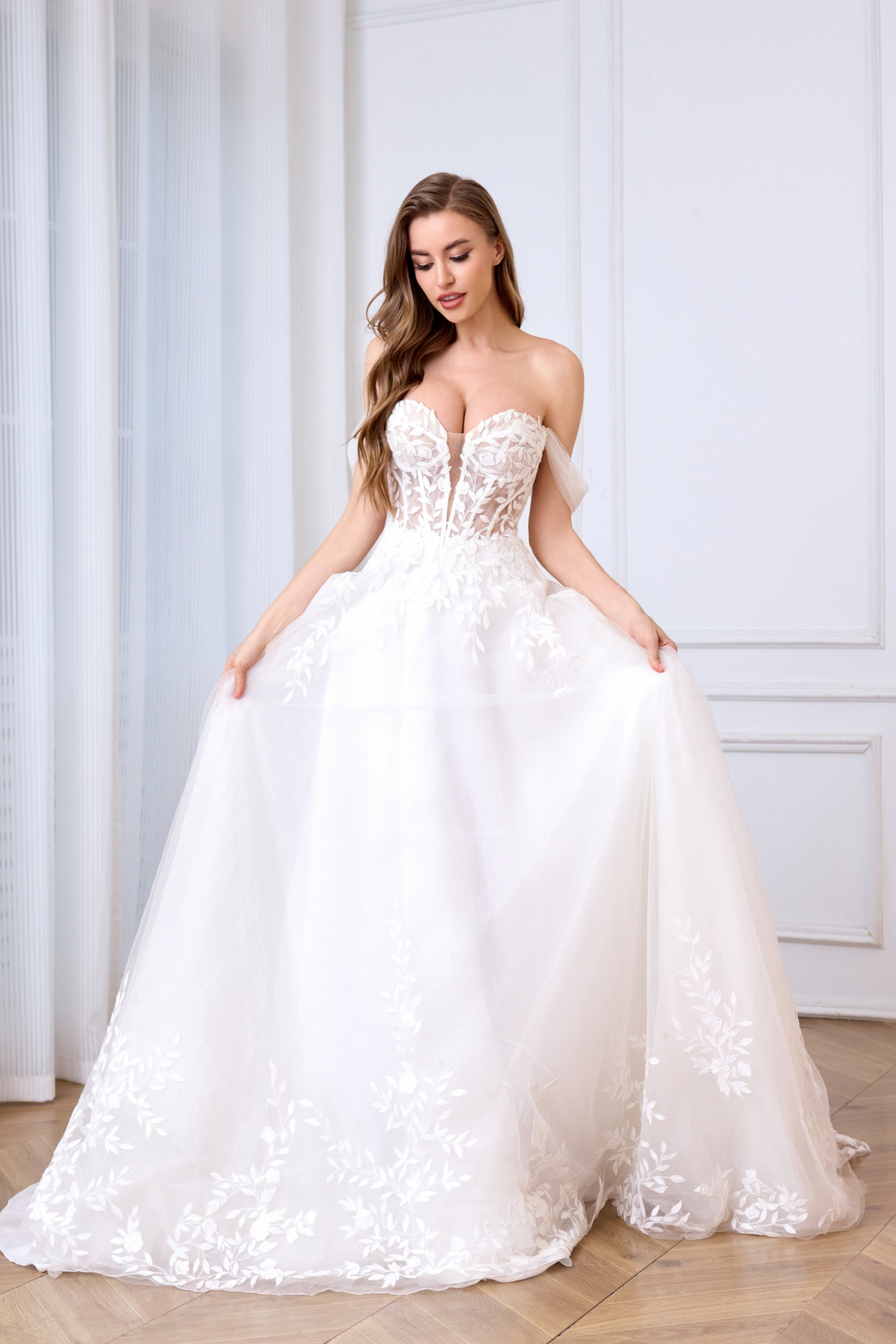 sexy floral lace wedding dress with an illusion corset back and plunging neckline LVB2601 by AND Bride