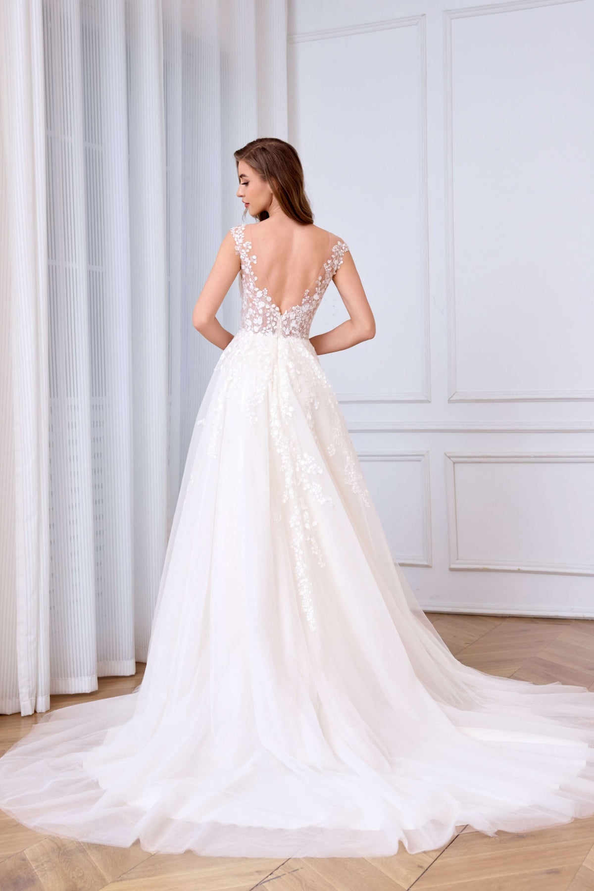Floral Beaded A-Line Wedding Dress with Thigh-High Slit-AND Bride