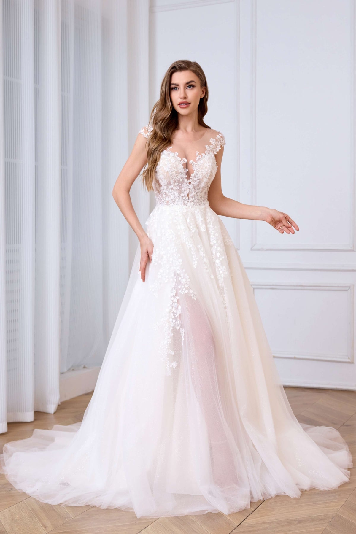 Floral Beaded A-Line Wedding Dress with Thigh-High Slit-AND Bride