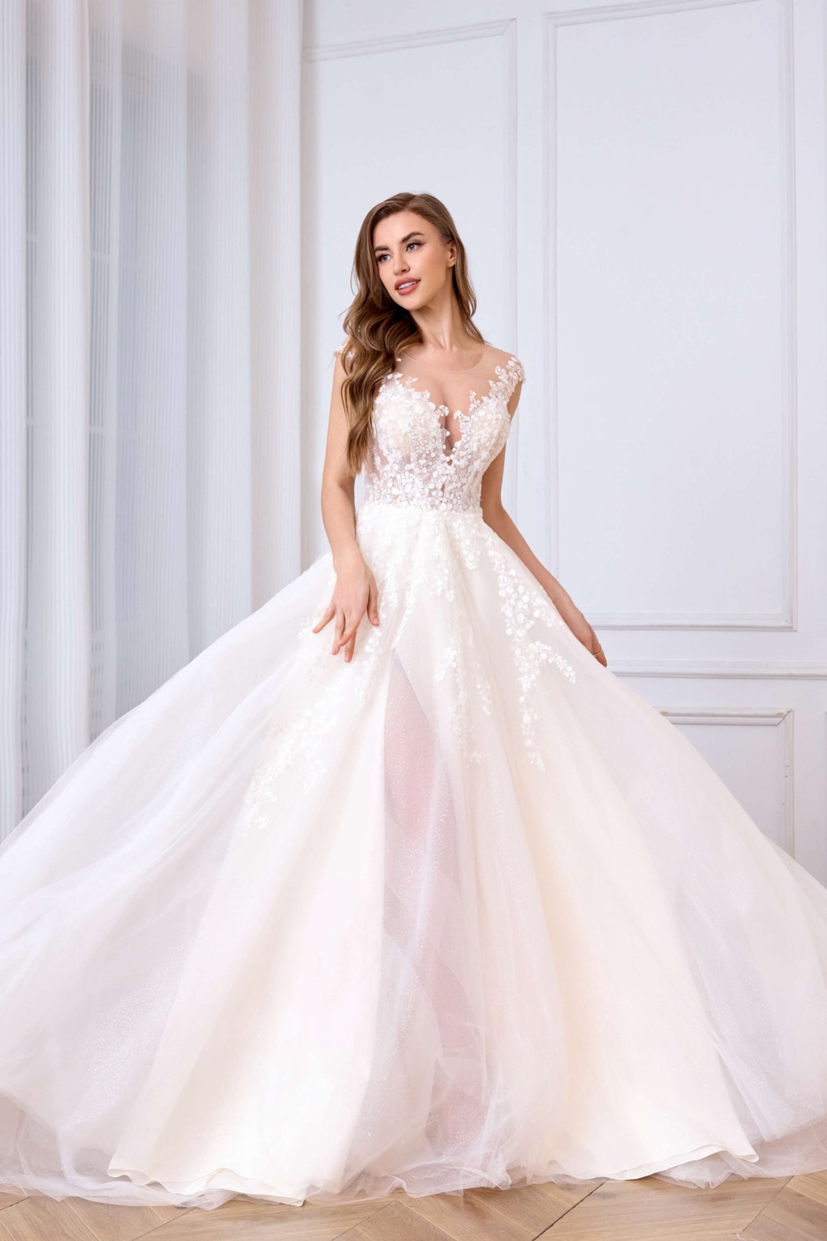 Floral Beaded A-Line Wedding Dress with Thigh-High Slit-AND Bride
