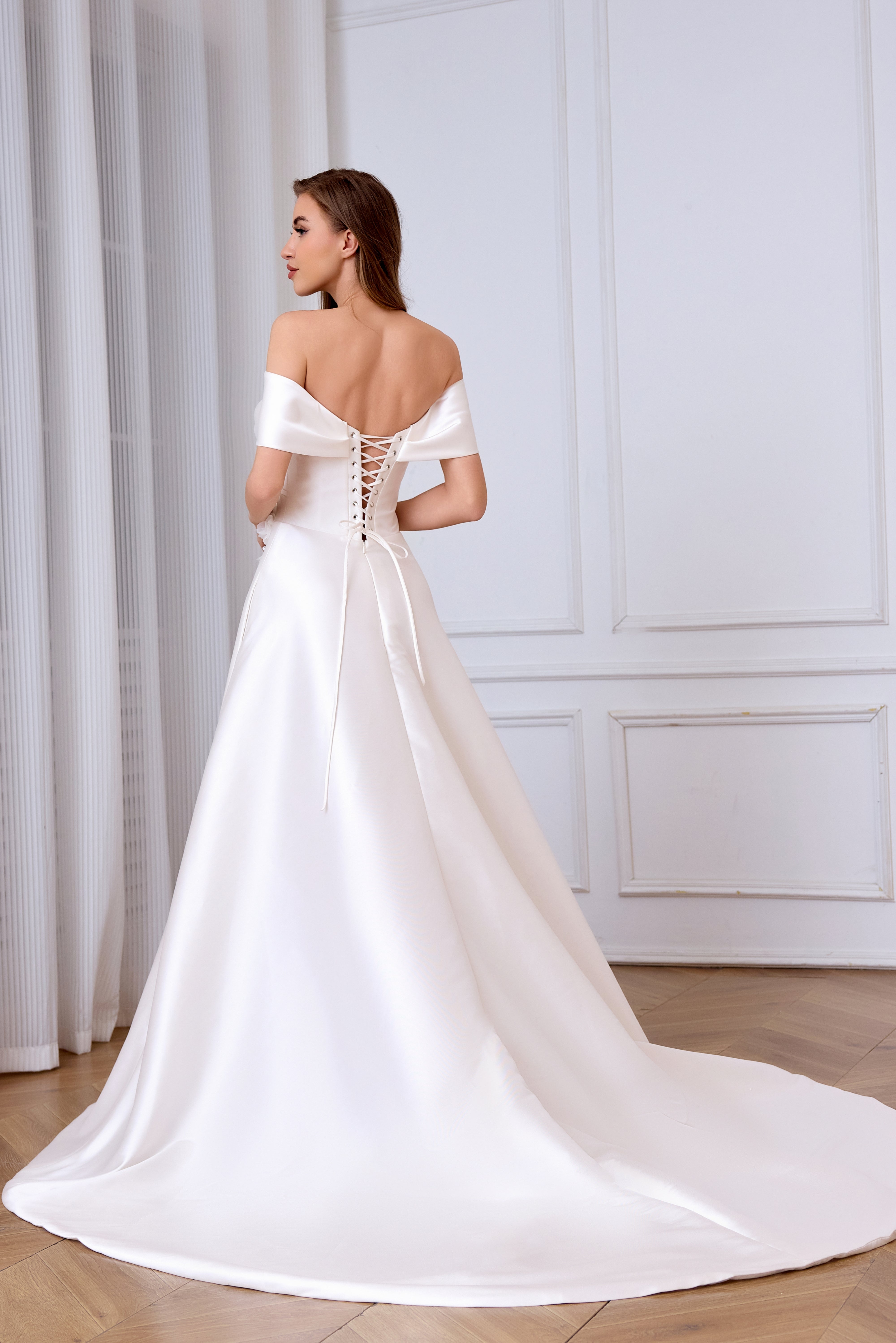 NEW ARRIVEL Romantic Mikado Wedding Dress With Pockets And A Pleated Bodice And Cap-Sleeves LVB2630 By AND Bride