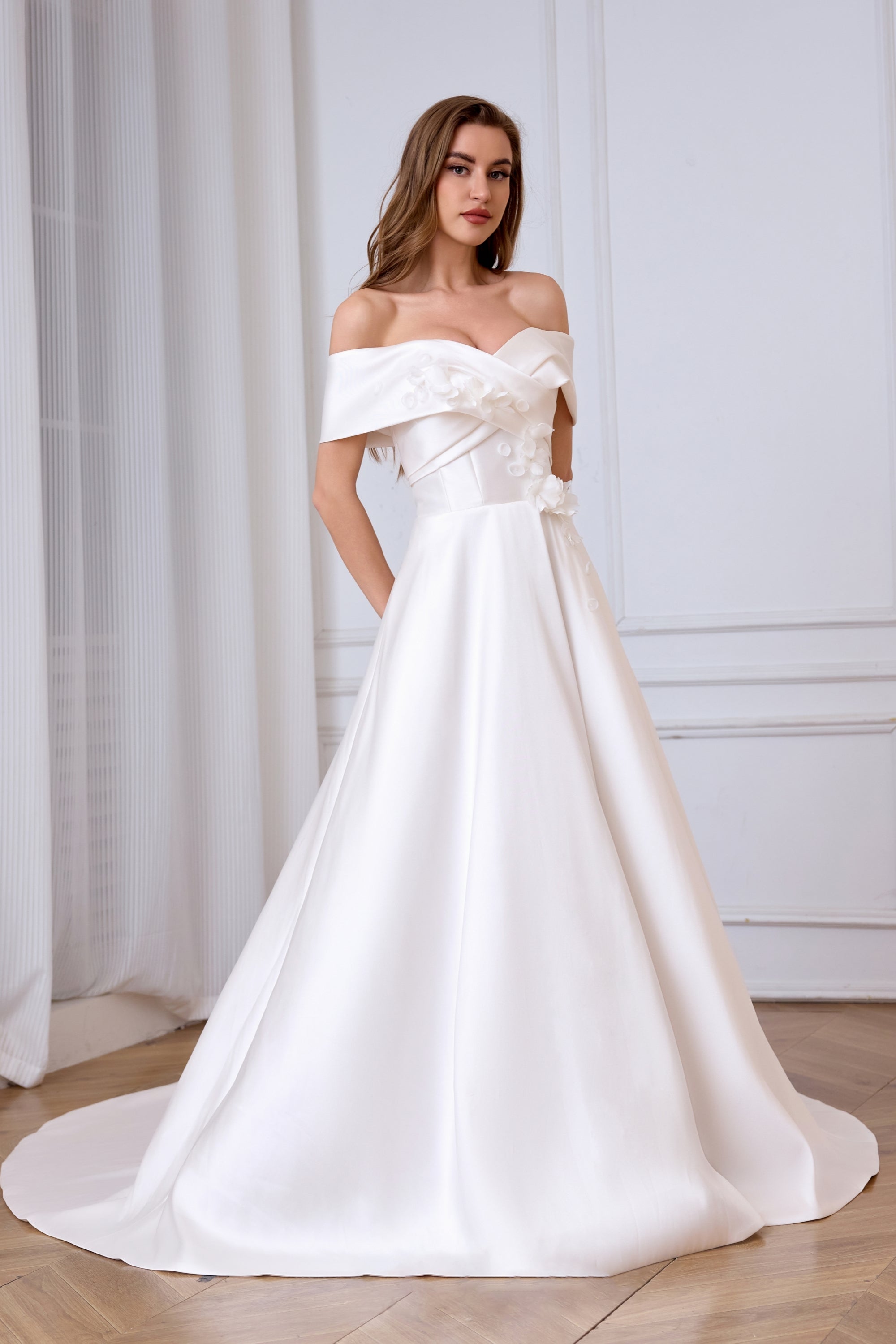 NEW ARRIVEL Romantic Mikado Wedding Dress With Pockets And A Pleated Bodice And Cap-Sleeves LVB2630 By AND Bride