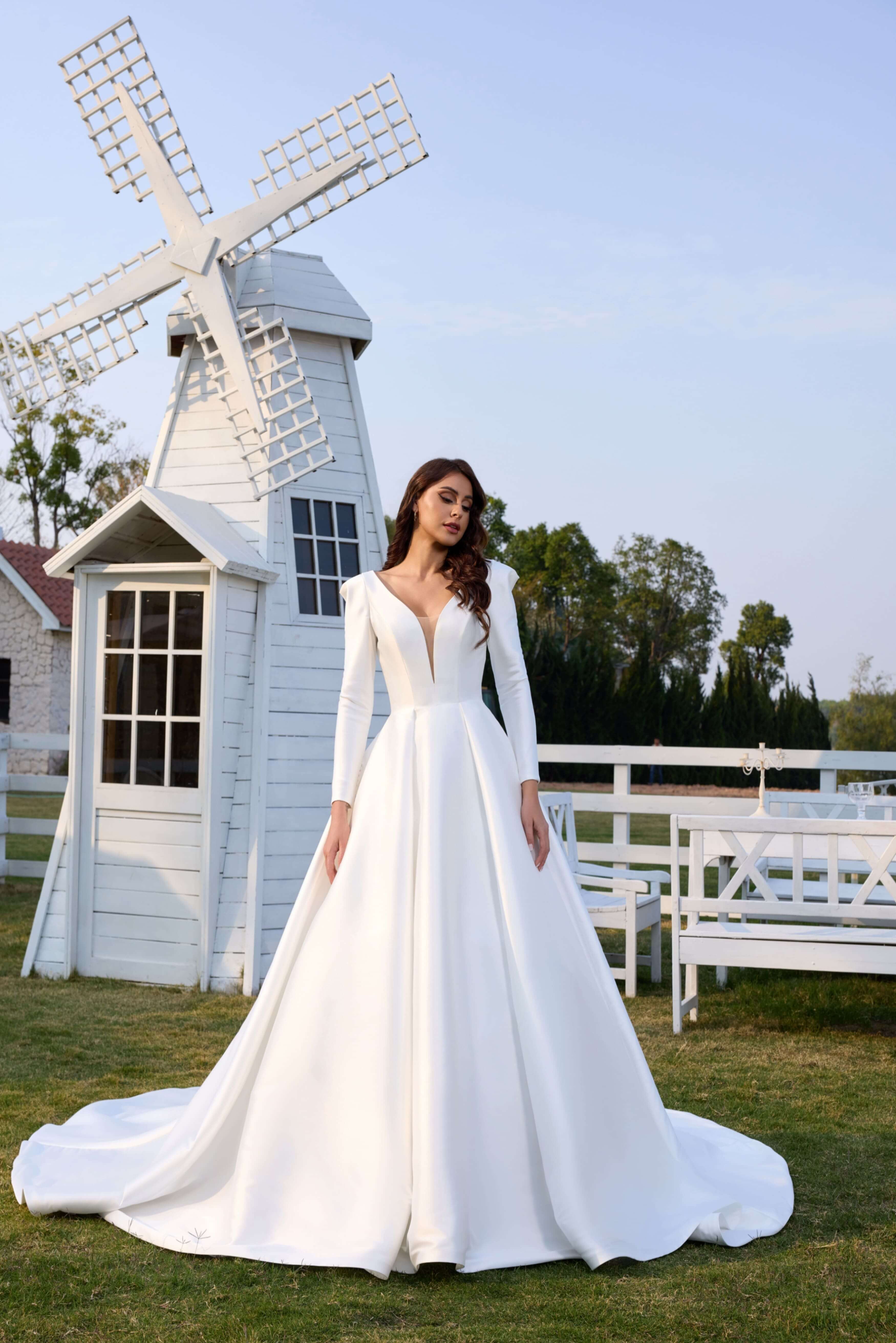 Long Sleeve Lace Wedding Dress with Open Back-AND Bride