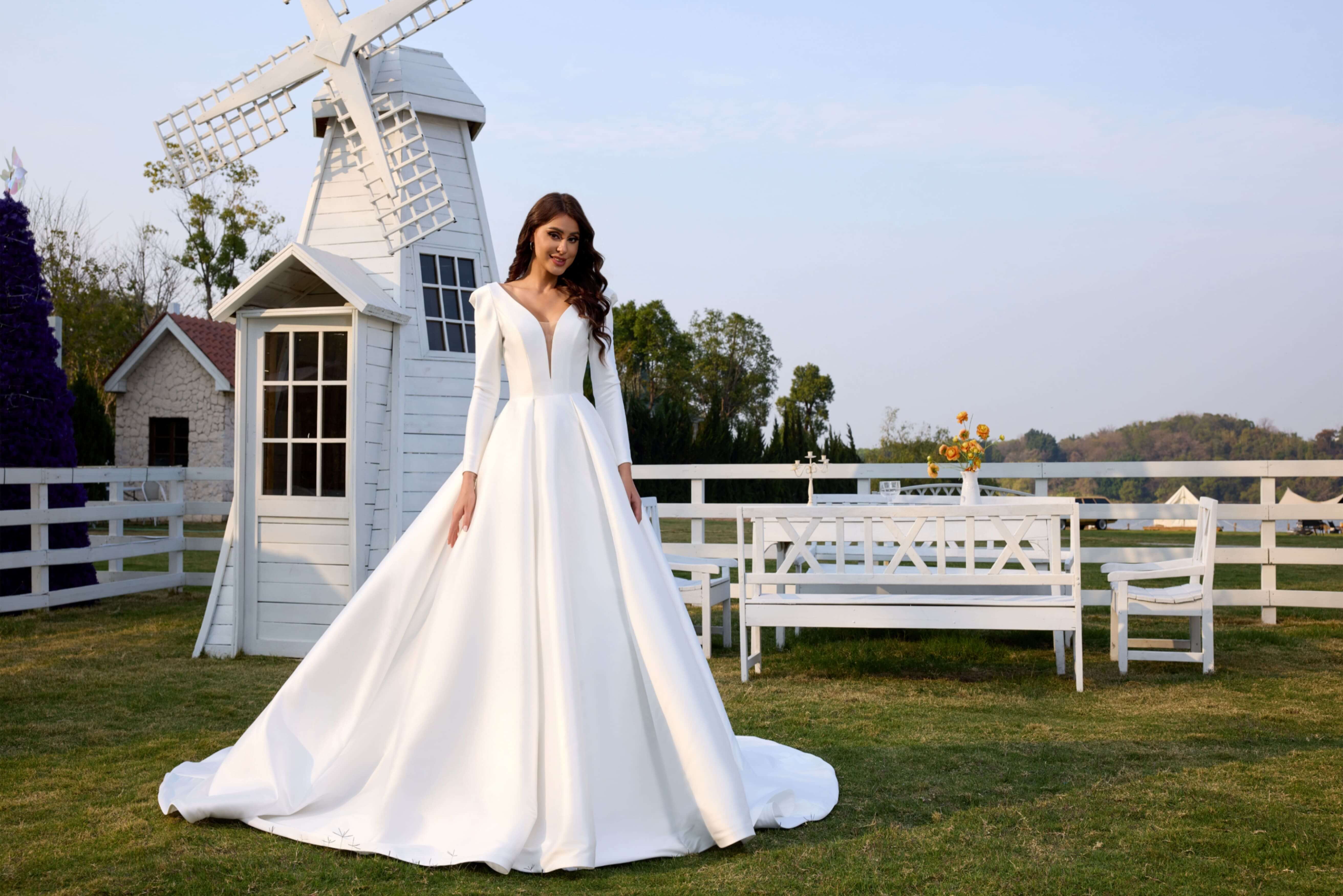 Long Sleeve Lace Wedding Dress with Open Back-AND Bride