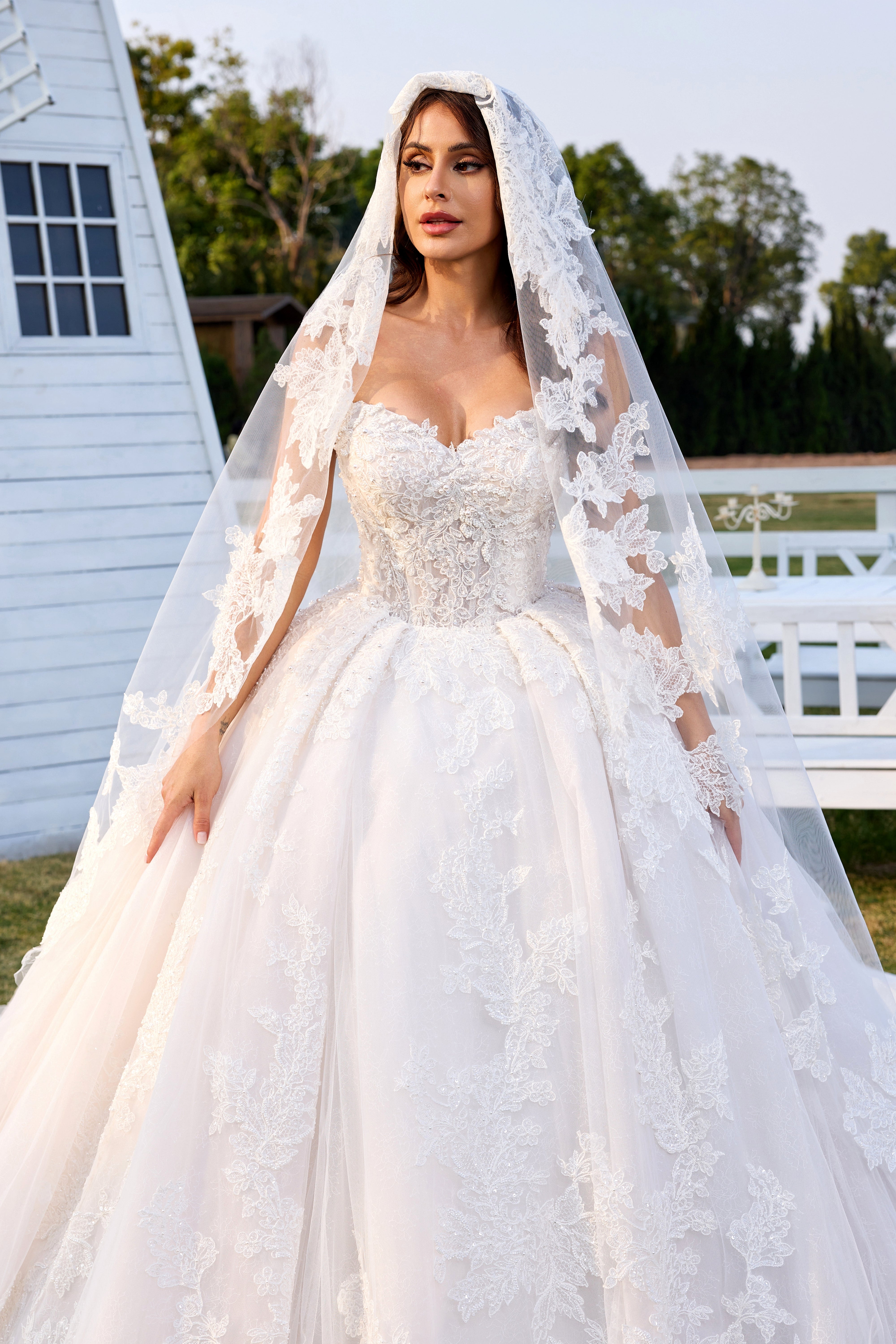 Luxury Lace Ball Gown Wedding Dress With Long Veil LVB2699