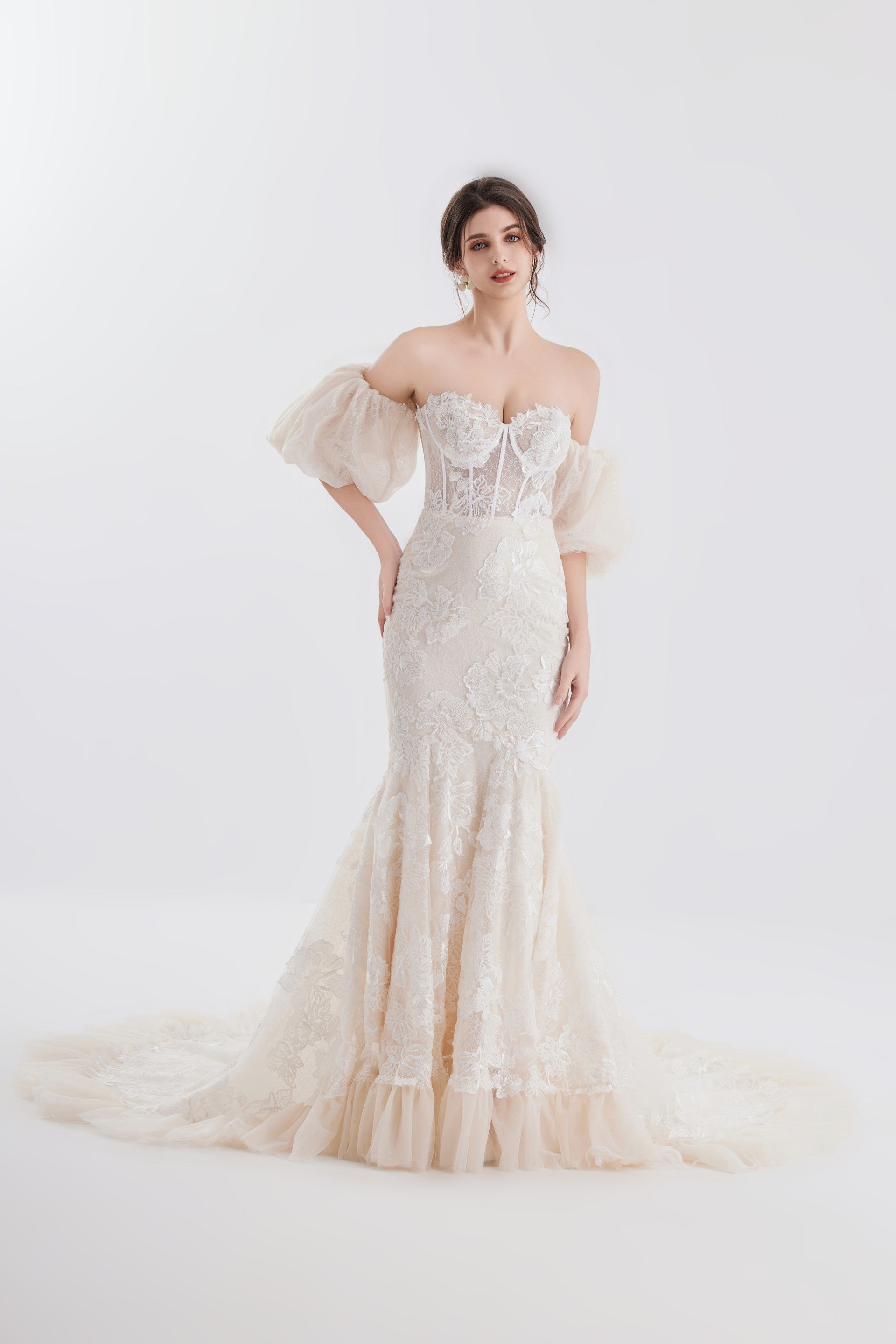 Sexy lace mermaid bridal dress with detachable sleeves LVB2609