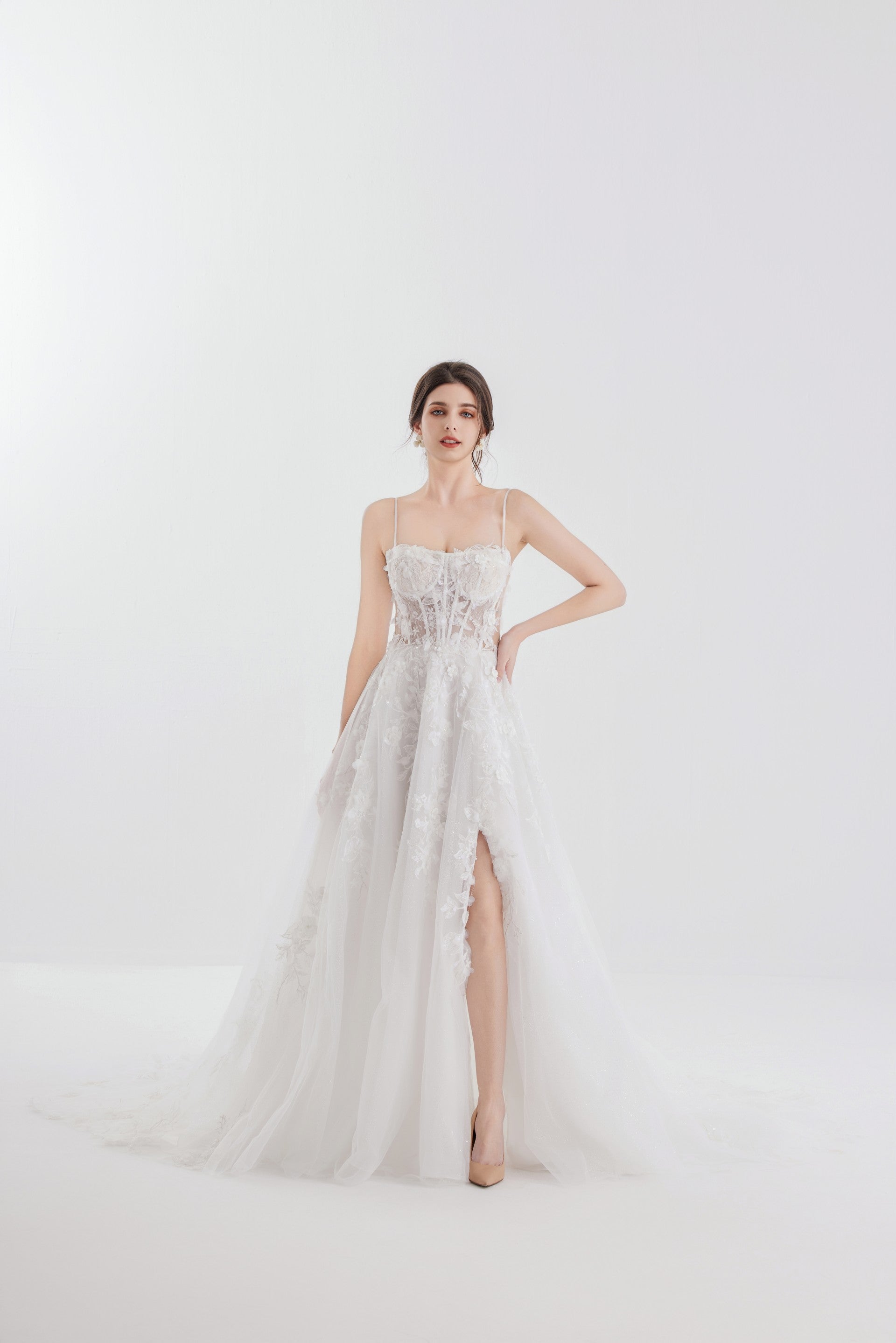 Floral cottagecore sexy wedding dress with a thigh-high slit LVB2612