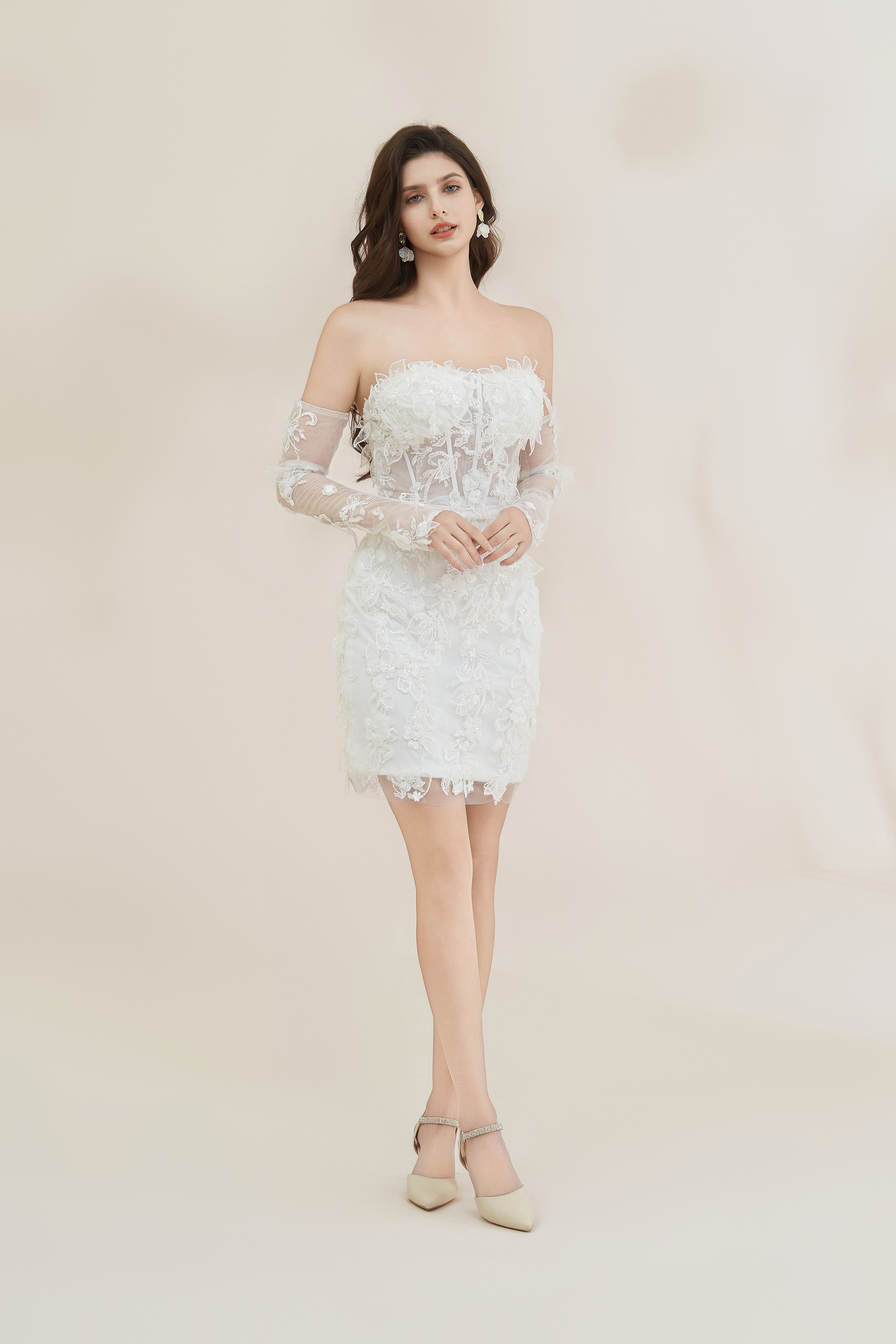 Lace knee short mini Wedding Dress with detachable sleeves LVB2614