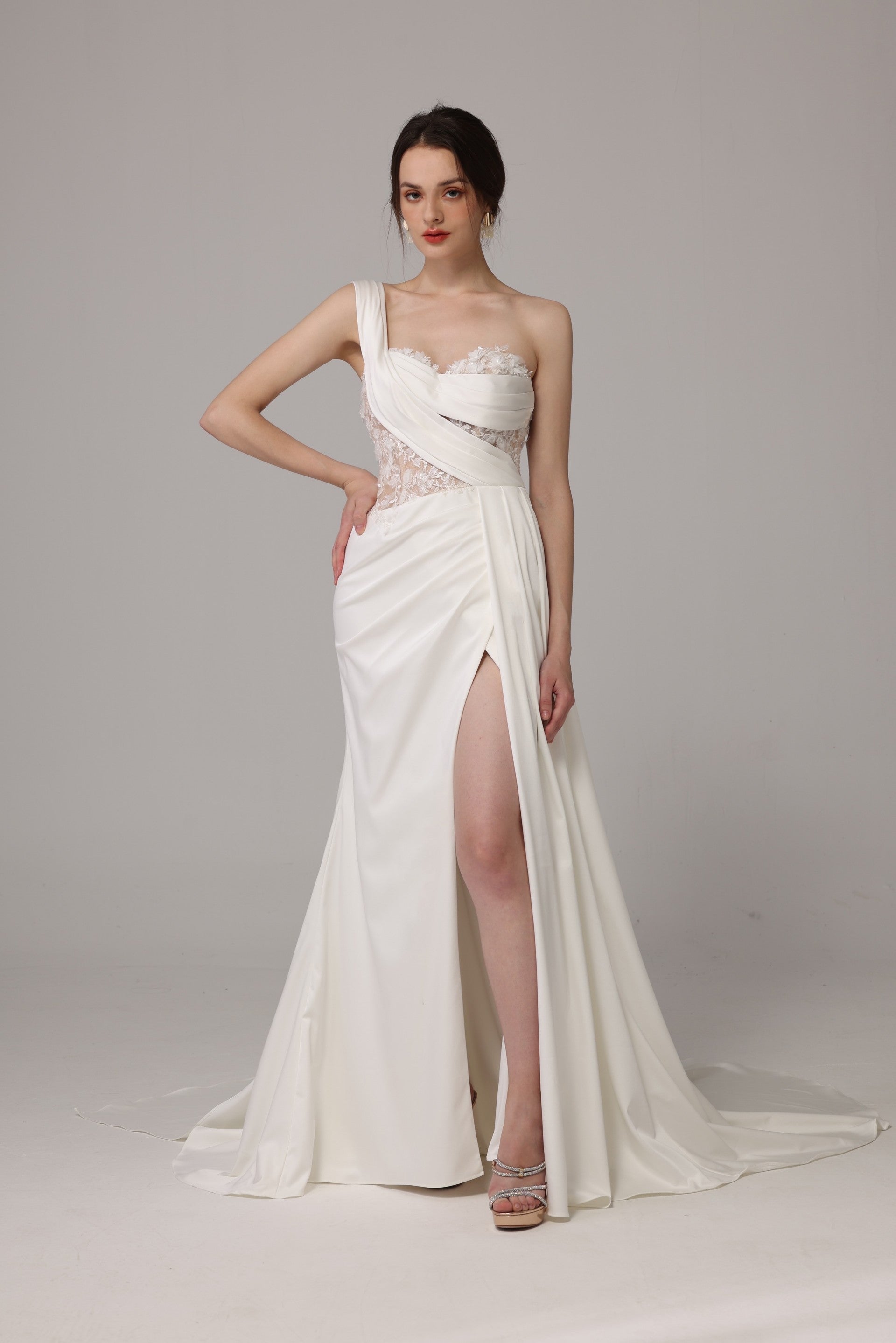 Satin Lace Slit Wedding Dress LVB2664
