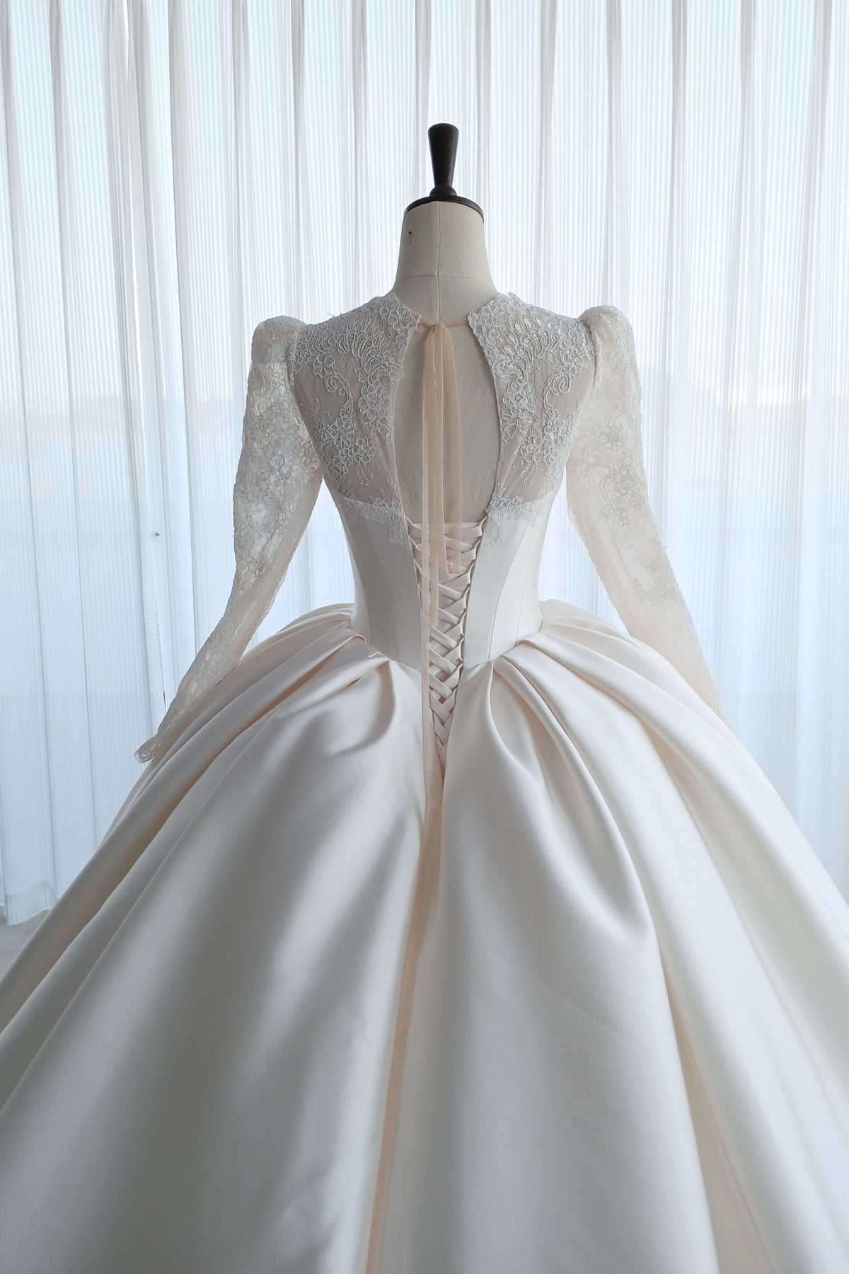 Vintage Long Sleeve Lace Satin Ball Gown Wedding Dress-AND Bride