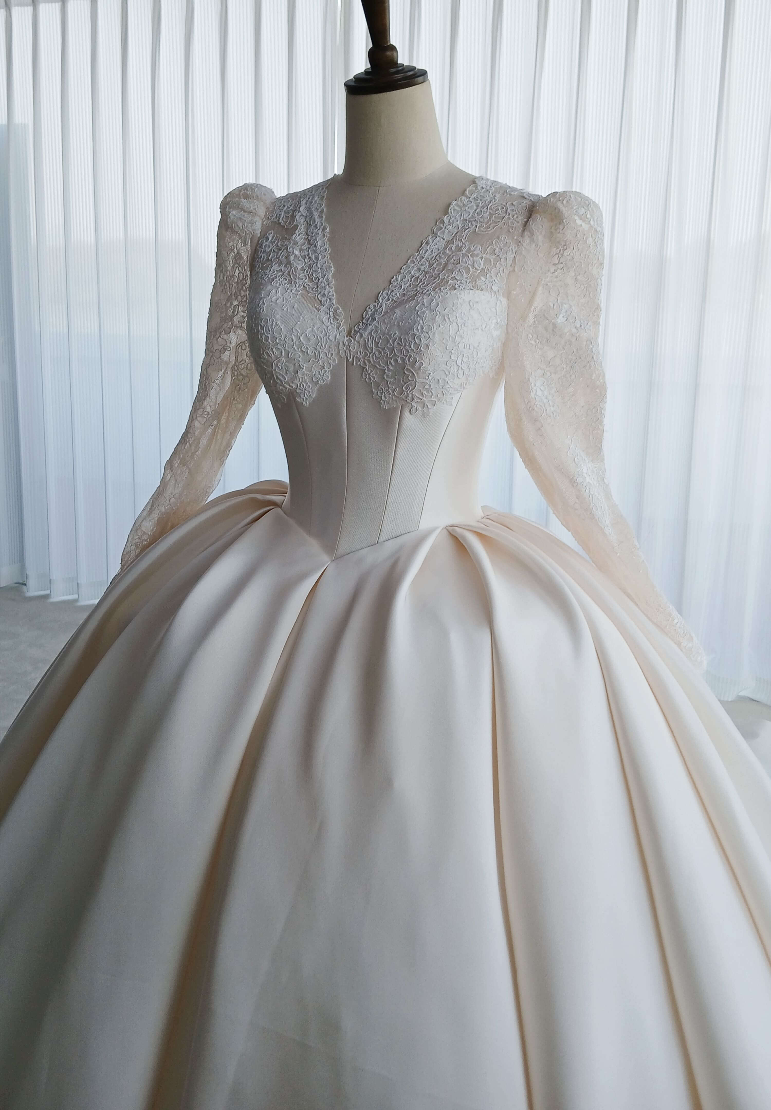Vintage Long Sleeve Lace Satin Ball Gown Wedding Dress-AND Bride