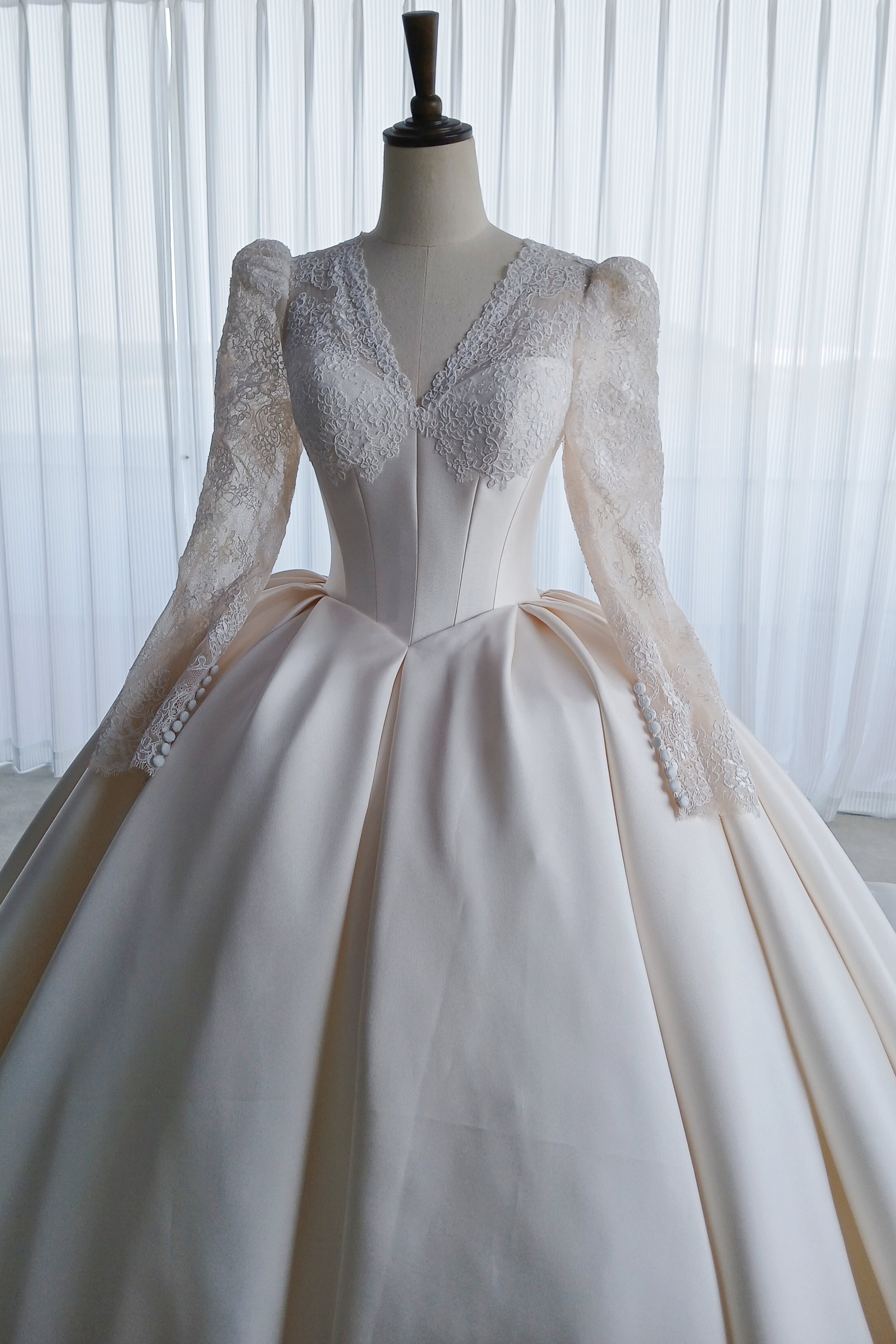Lace Satin Ball Gown Wedding Dress With Long Sleeve LVB2690