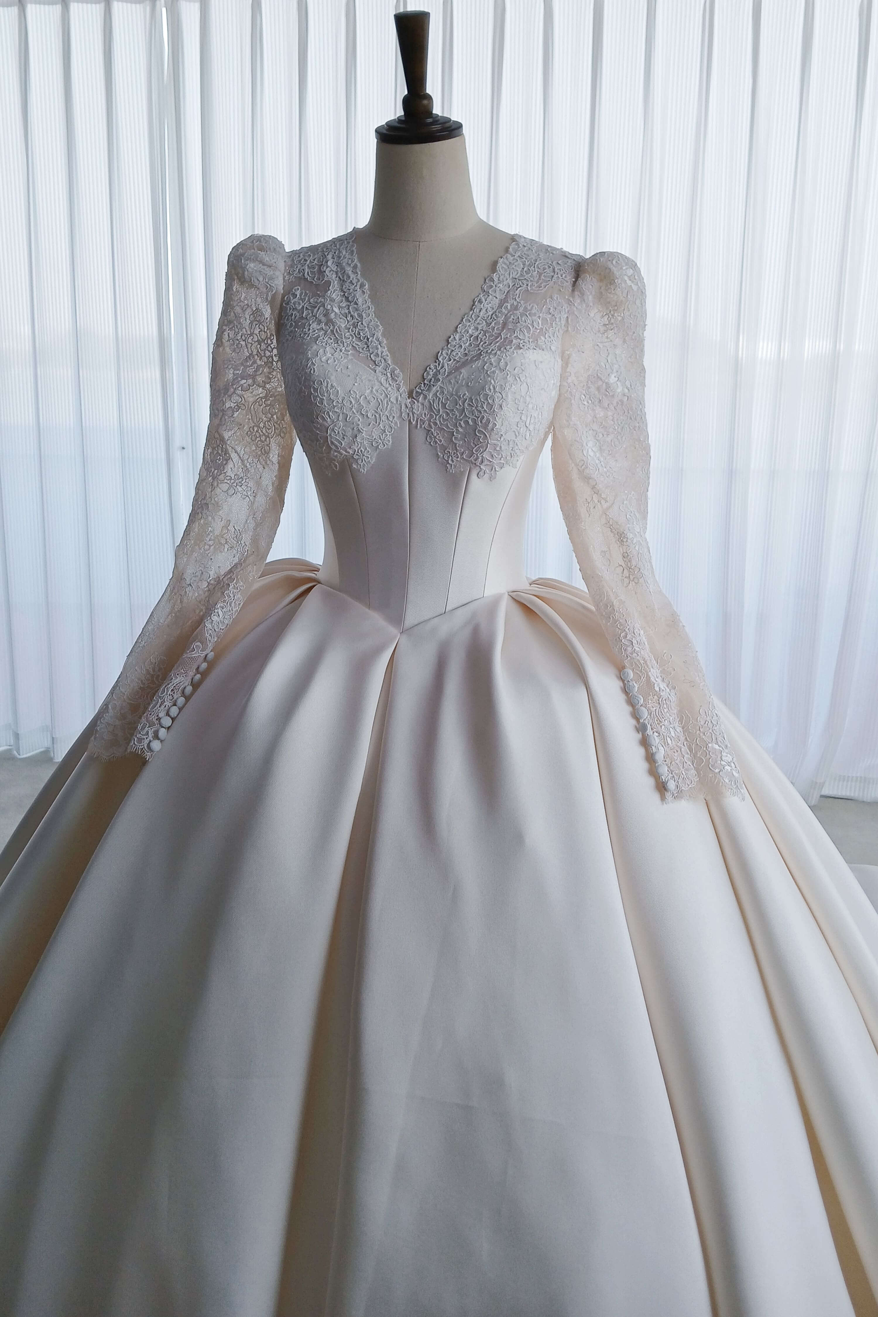 Vintage Long Sleeve Lace Satin Ball Gown Wedding Dress-AND Bride