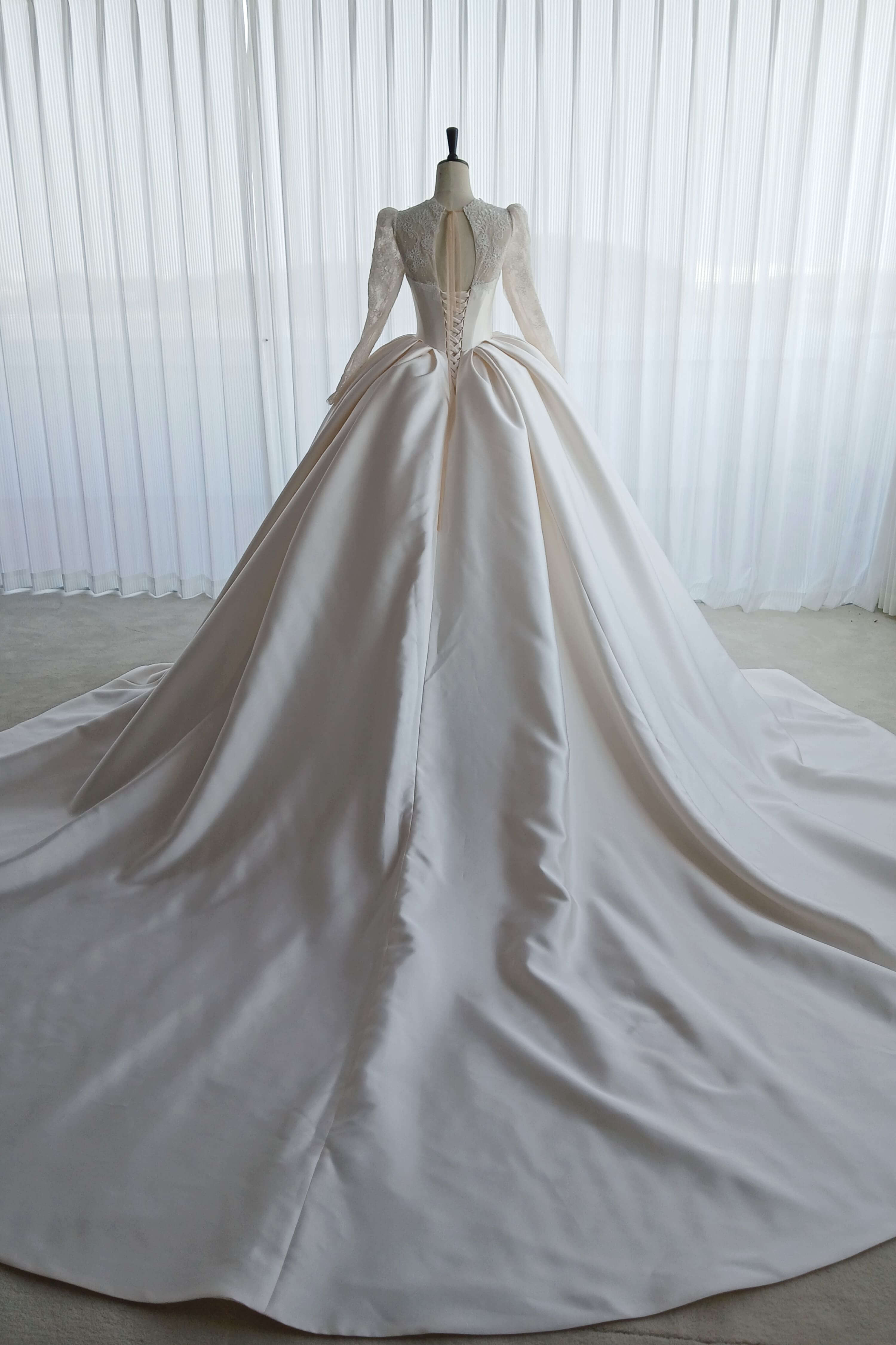 Vintage Long Sleeve Lace Satin Ball Gown Wedding Dress-AND Bride