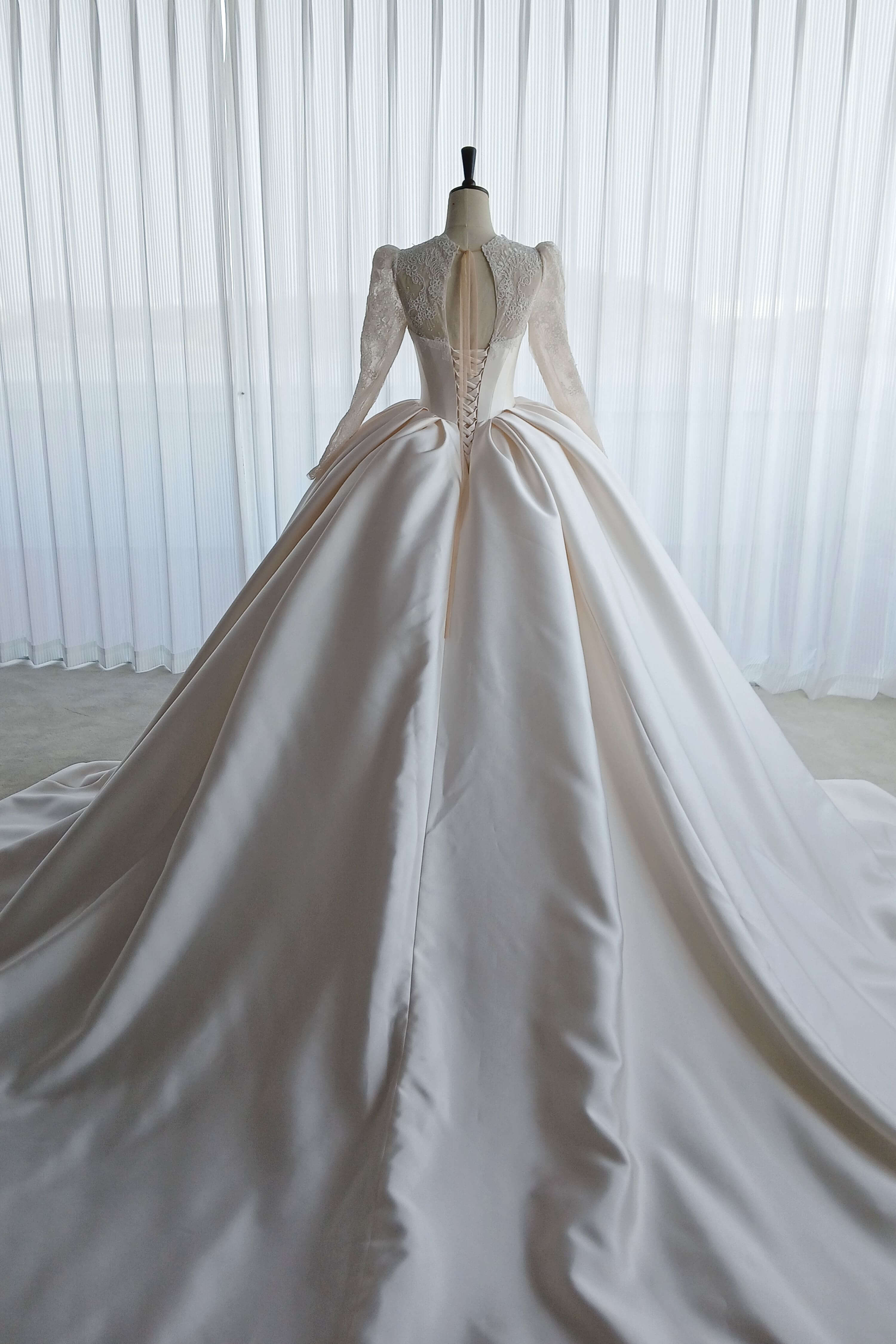 Vintage Long Sleeve Lace Satin Ball Gown Wedding Dress-AND Bride