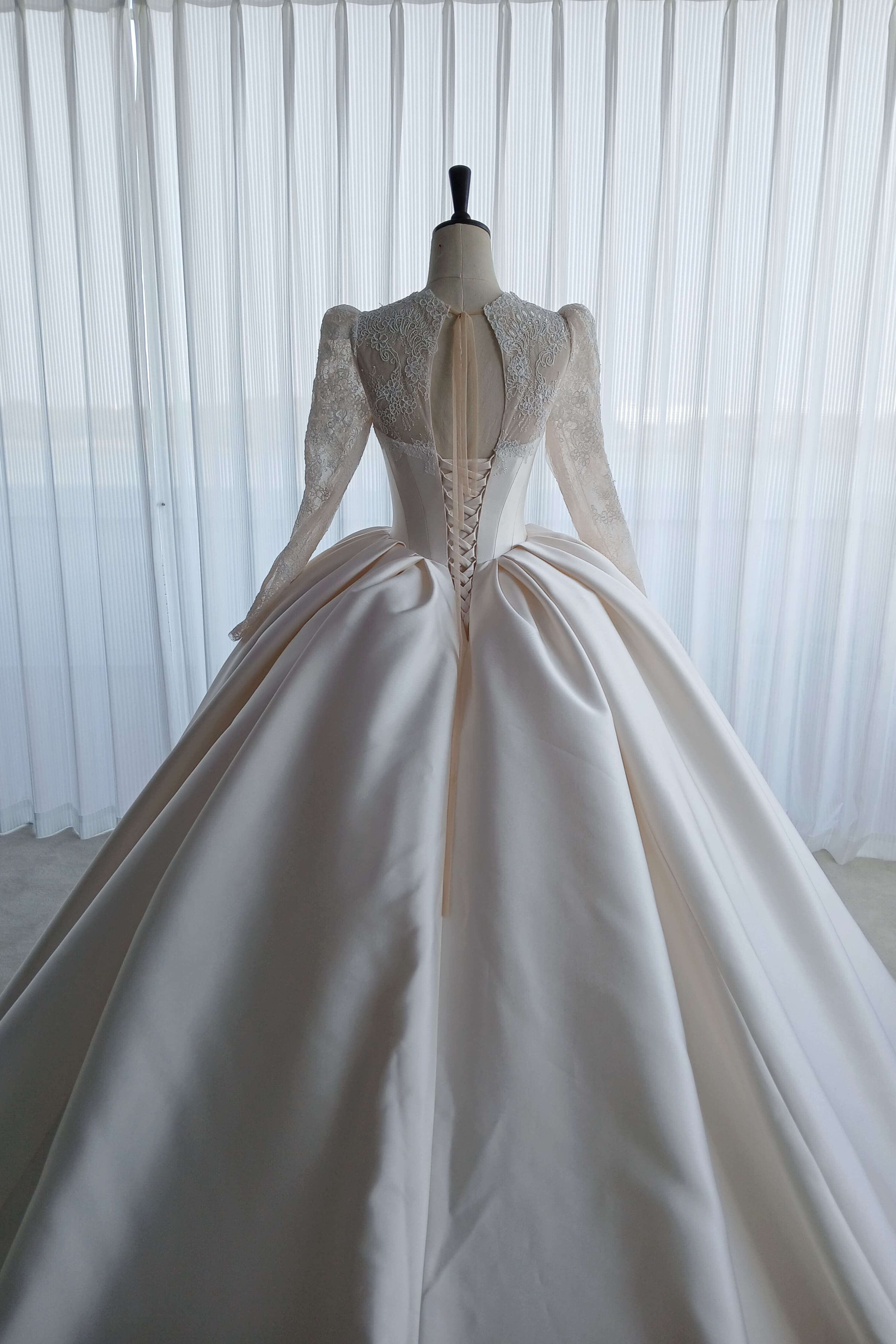 Vintage Long Sleeve Lace Satin Ball Gown Wedding Dress-AND Bride