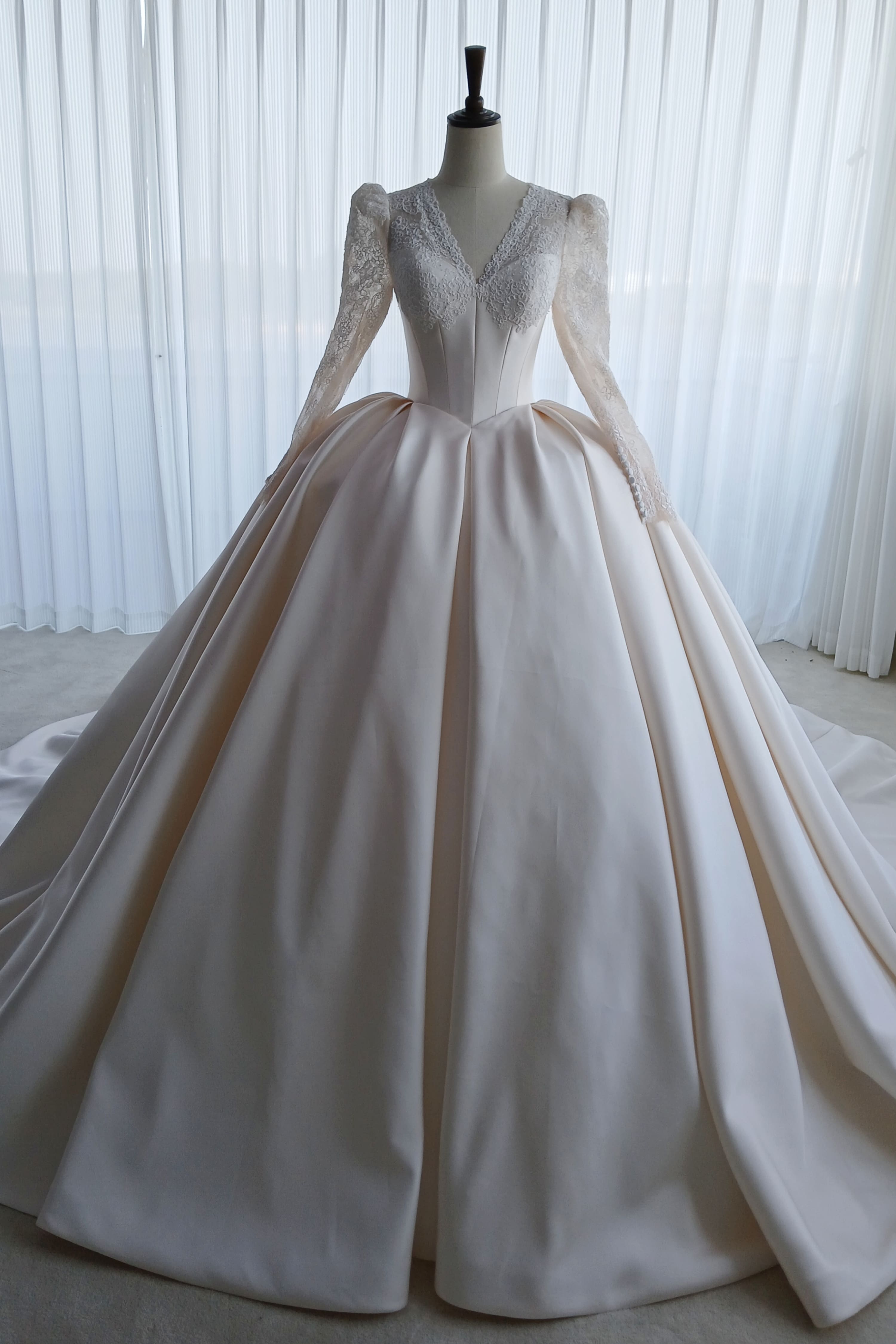 Vintage Long Sleeve Lace Satin Ball Gown Wedding Dress-AND Bride