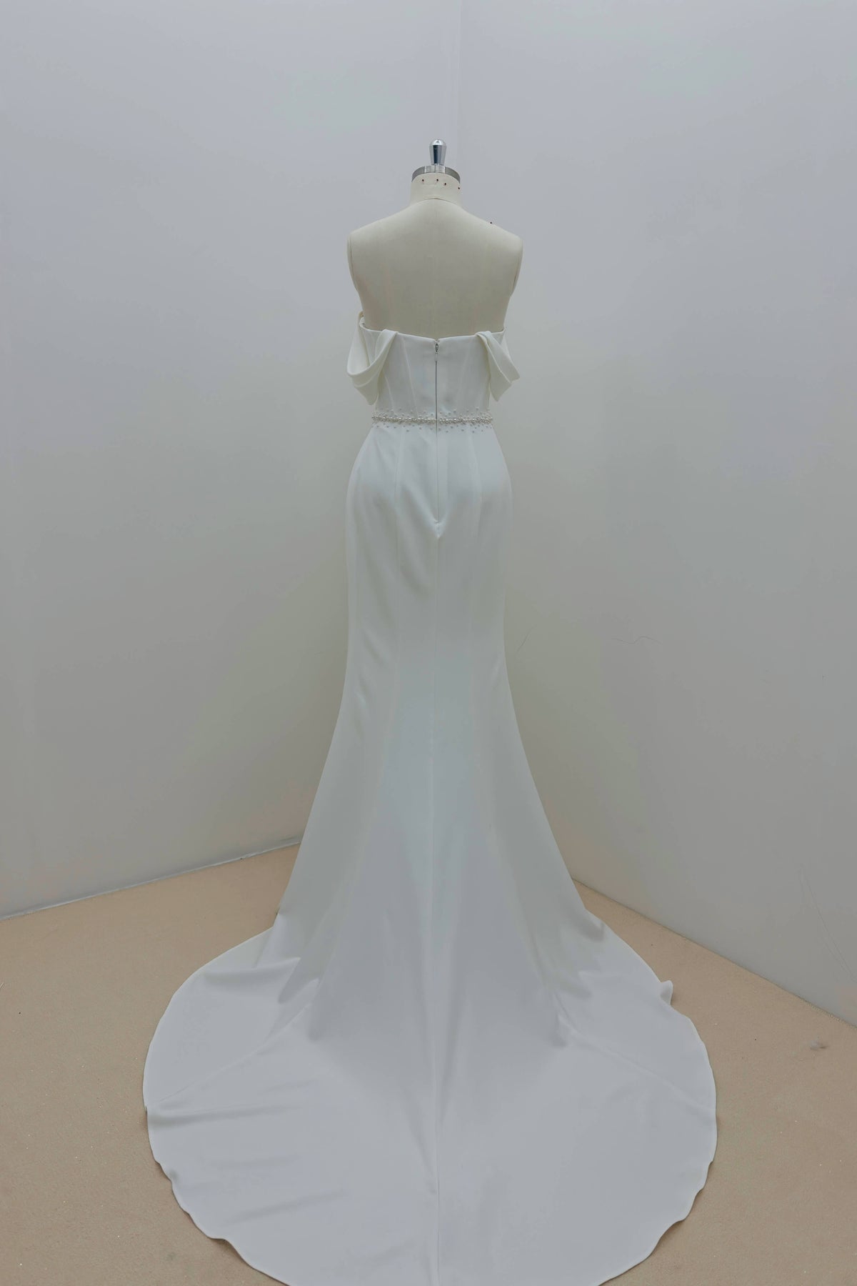 Off-Shoulder Beaded Lace A-Line Wedding Dress with Cap Sleeves-AND Bride
