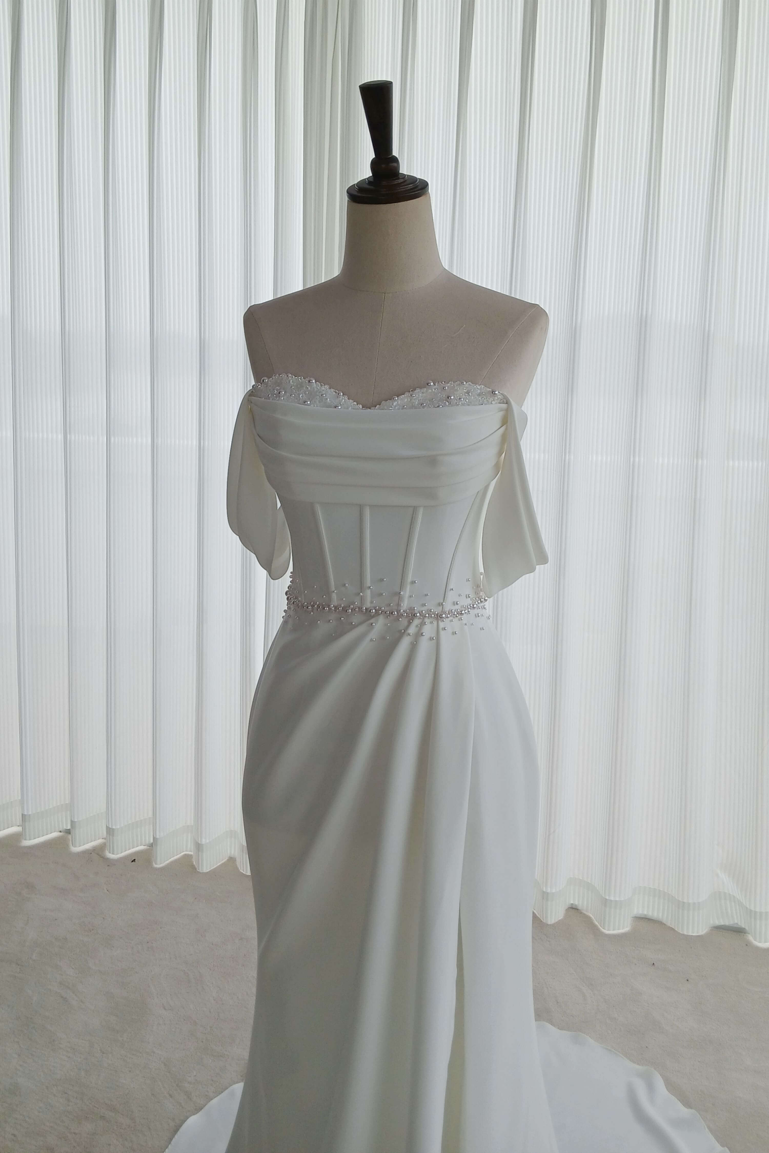 Off-Shoulder Beaded Lace A-Line Wedding Dress with Cap Sleeves-AND Bride