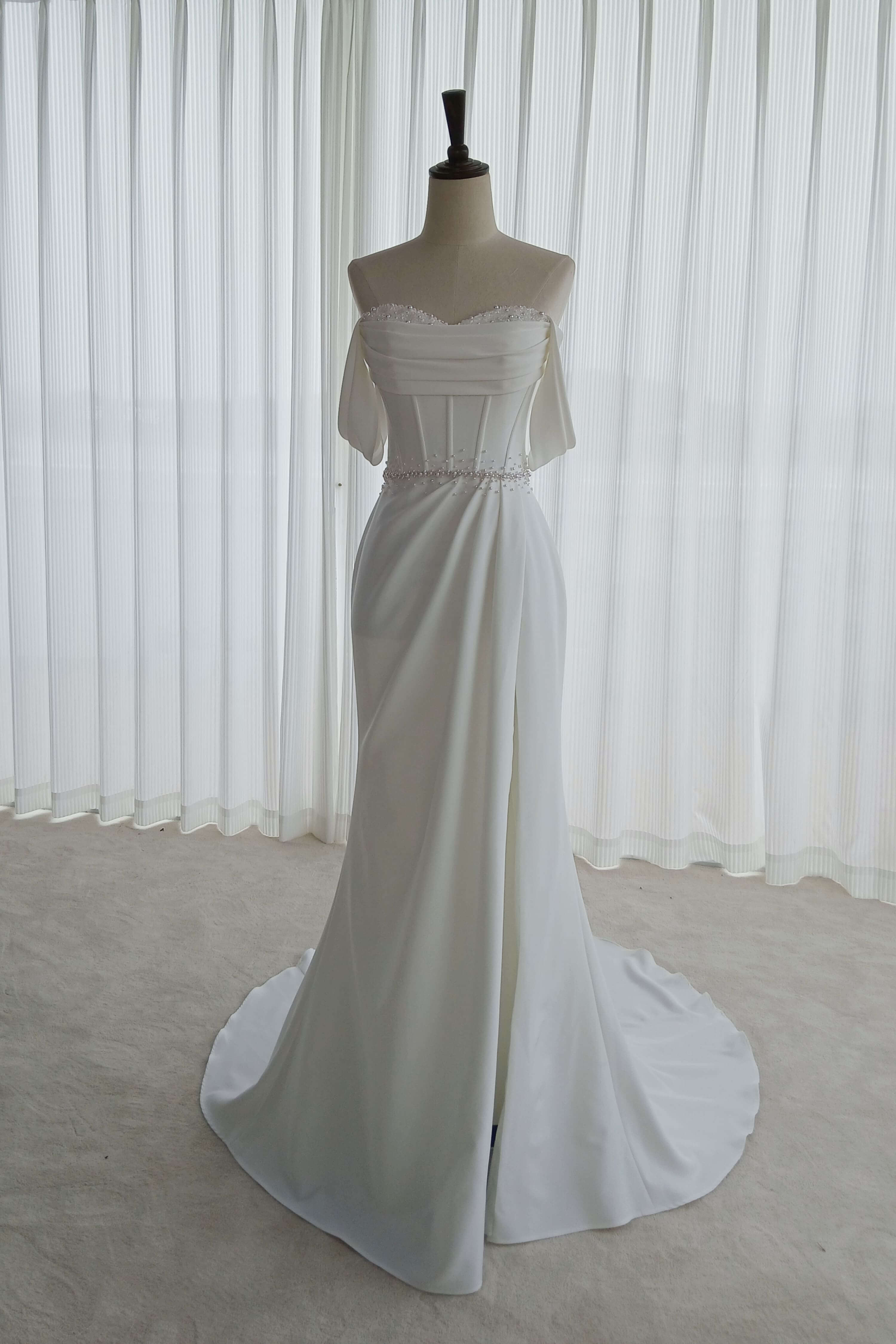Off-Shoulder Beaded Lace A-Line Wedding Dress with Cap Sleeves-AND Bride