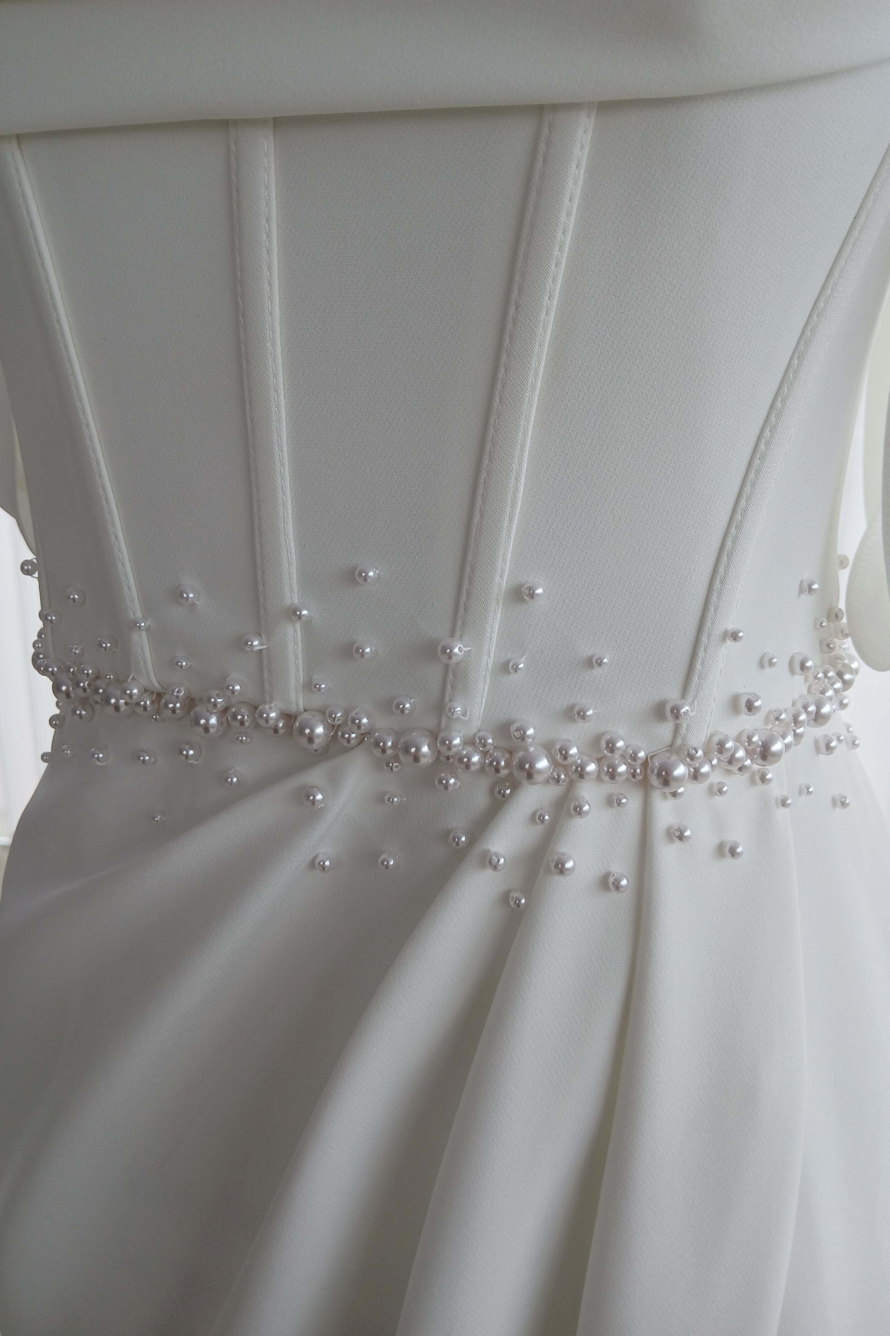 Off-Shoulder Beaded Lace A-Line Wedding Dress with Cap Sleeves-AND Bride