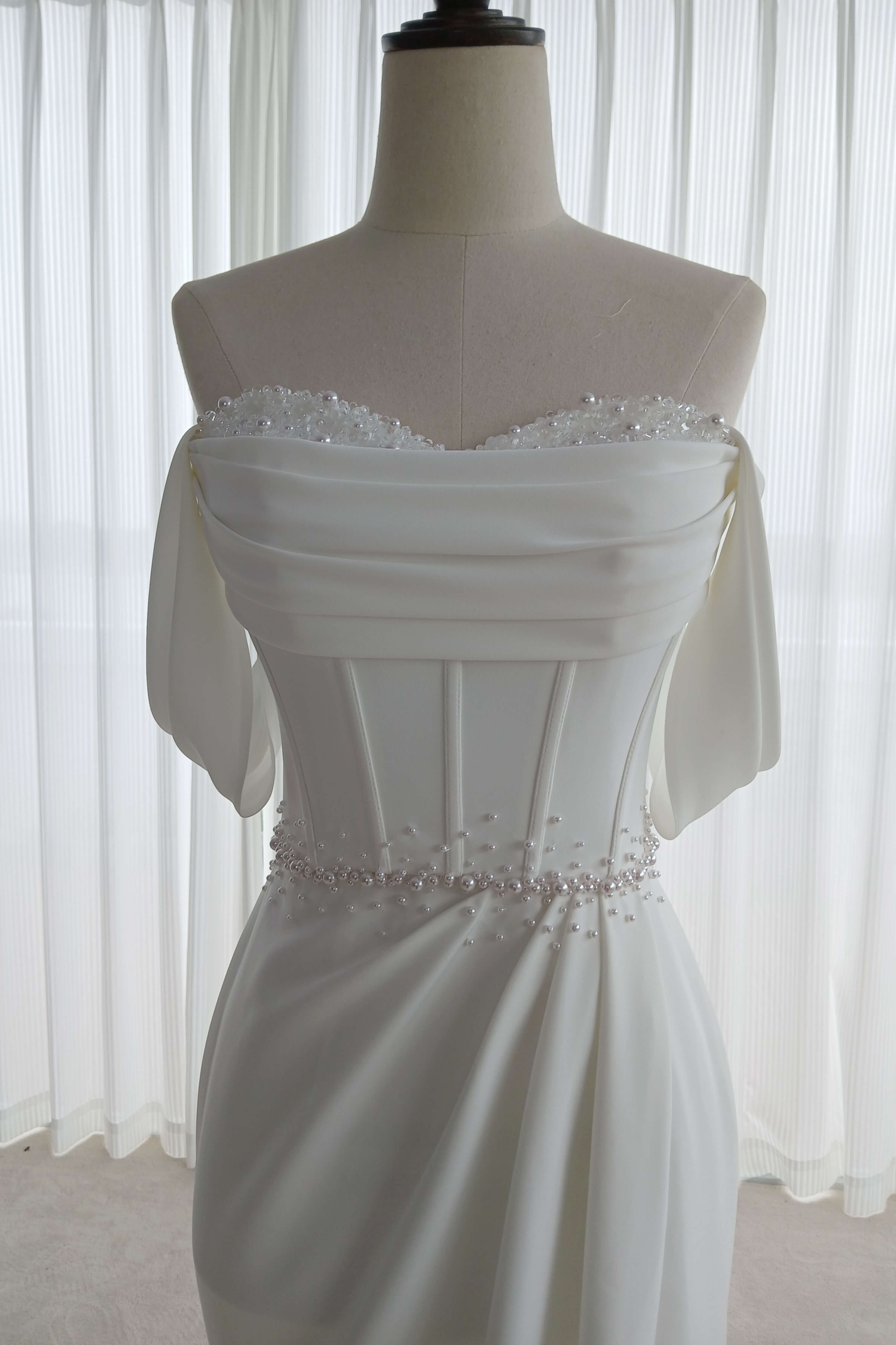 Off-Shoulder Beaded Lace A-Line Wedding Dress with Cap Sleeves-AND Bride
