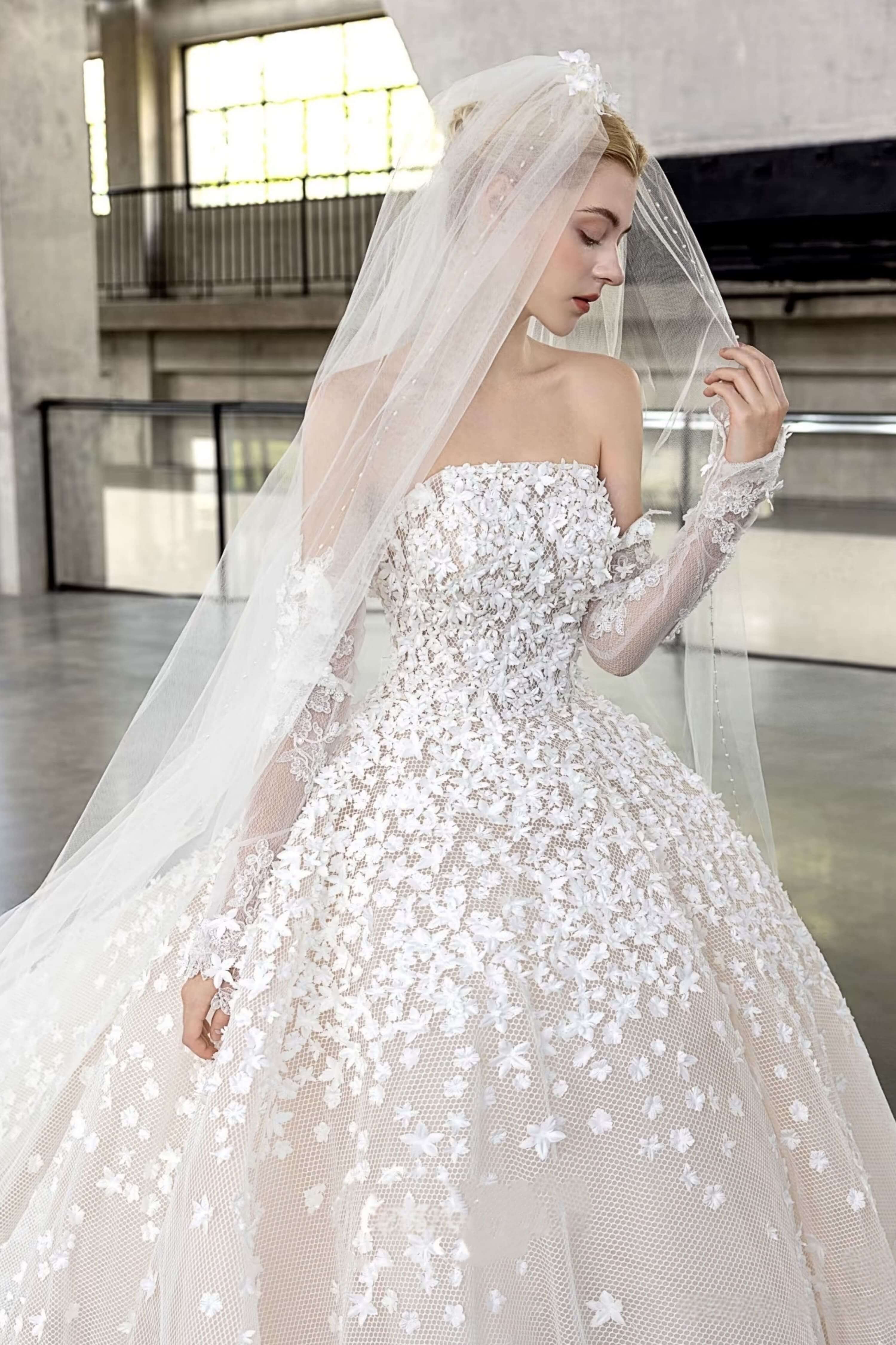 Off-Shoulder Floral Lace Ball Gown Wedding Dress with Veil-AND Bride