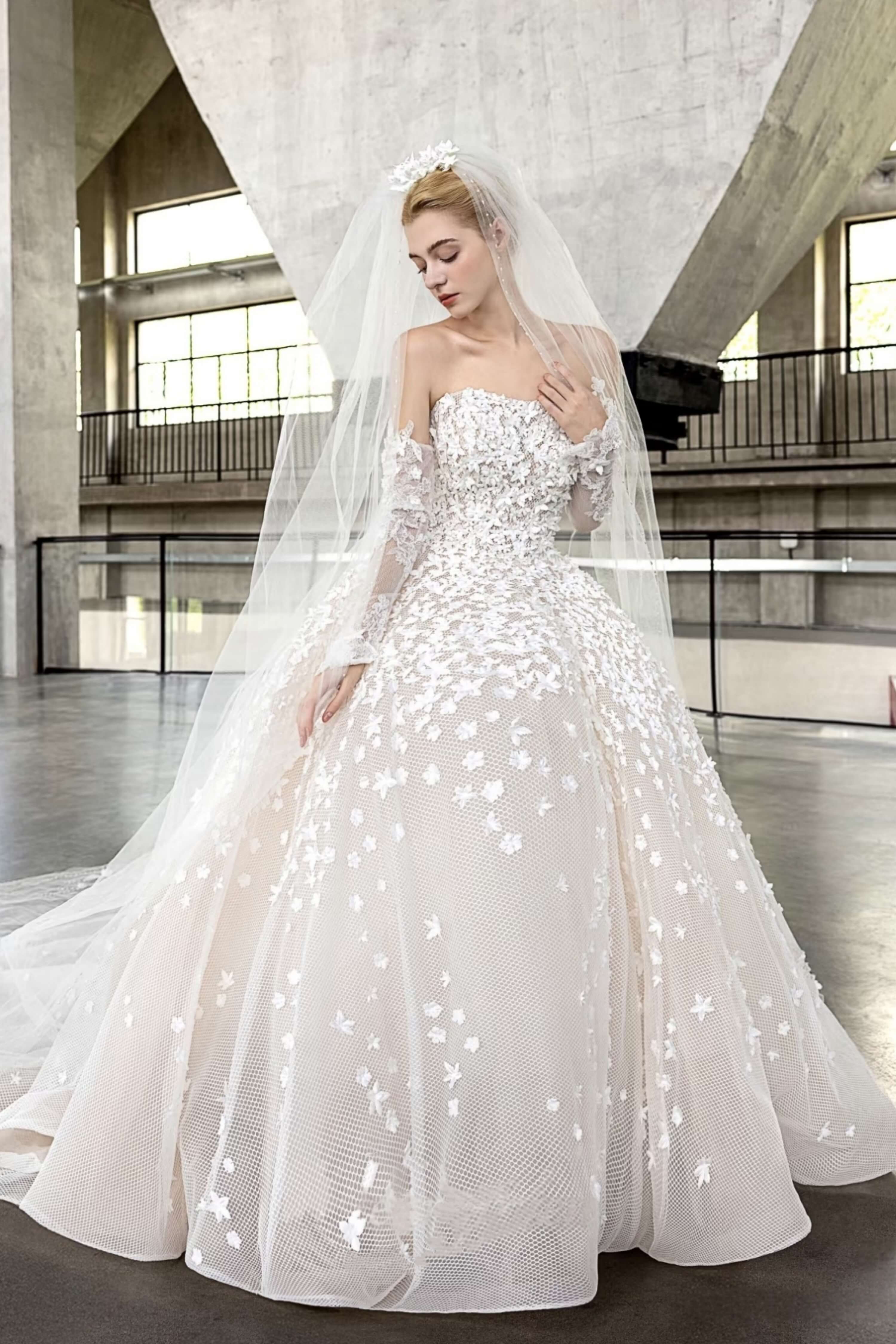 Off-Shoulder Floral Lace Ball Gown Wedding Dress with Veil-AND Bride