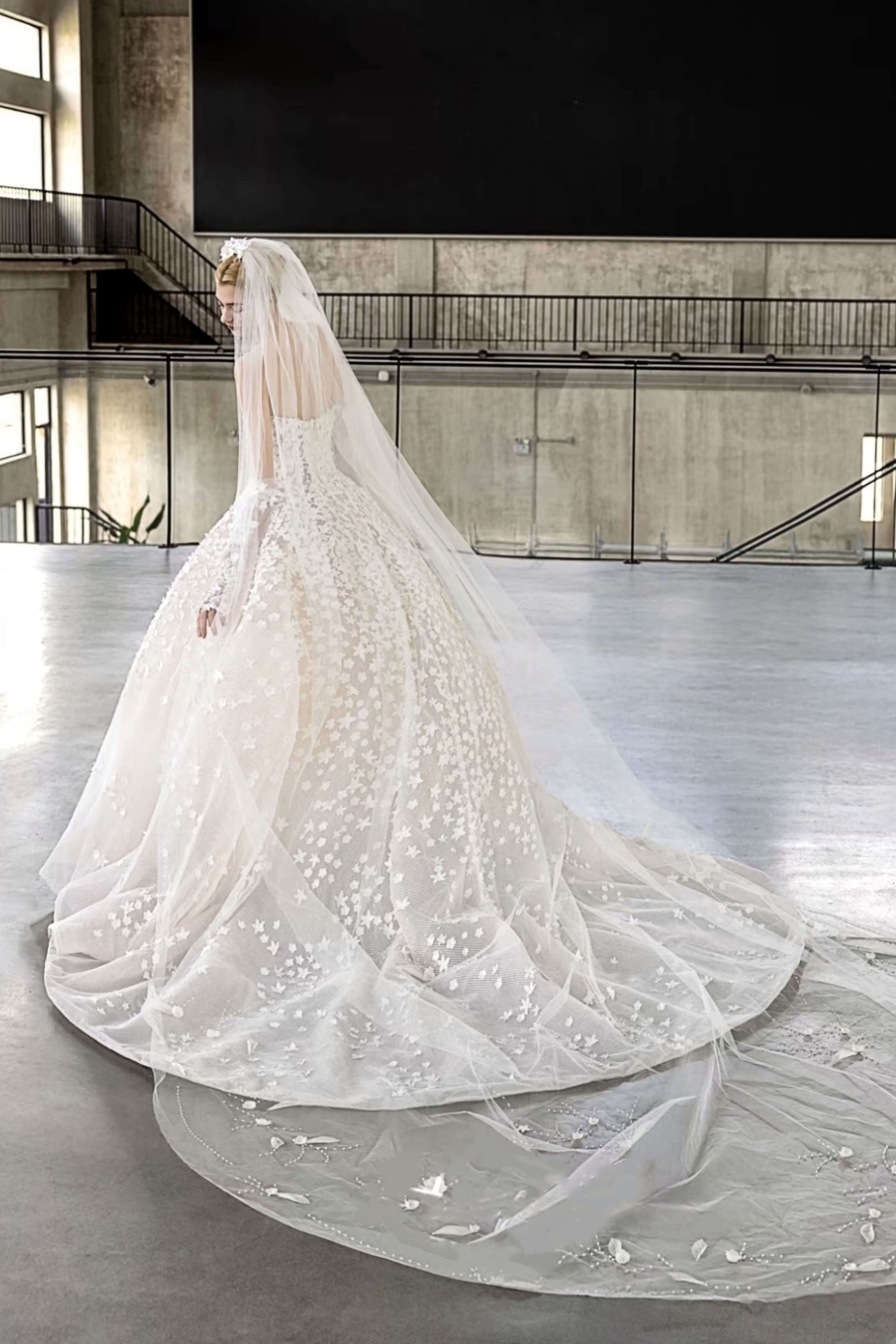 Off-Shoulder Floral Lace Ball Gown Wedding Dress with Veil-AND Bride