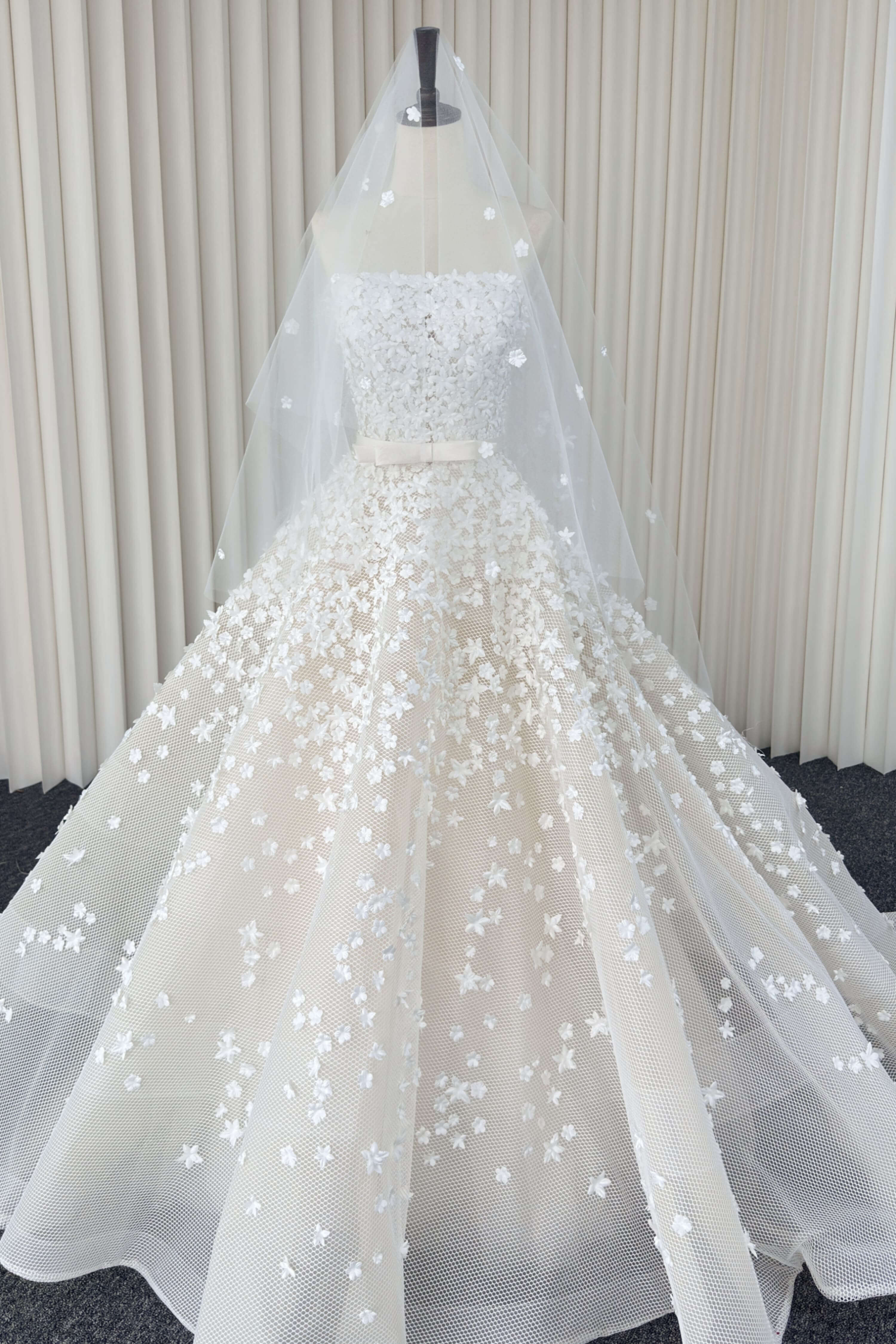 Off-Shoulder Floral Lace Ball Gown Wedding Dress with Veil-AND Bride