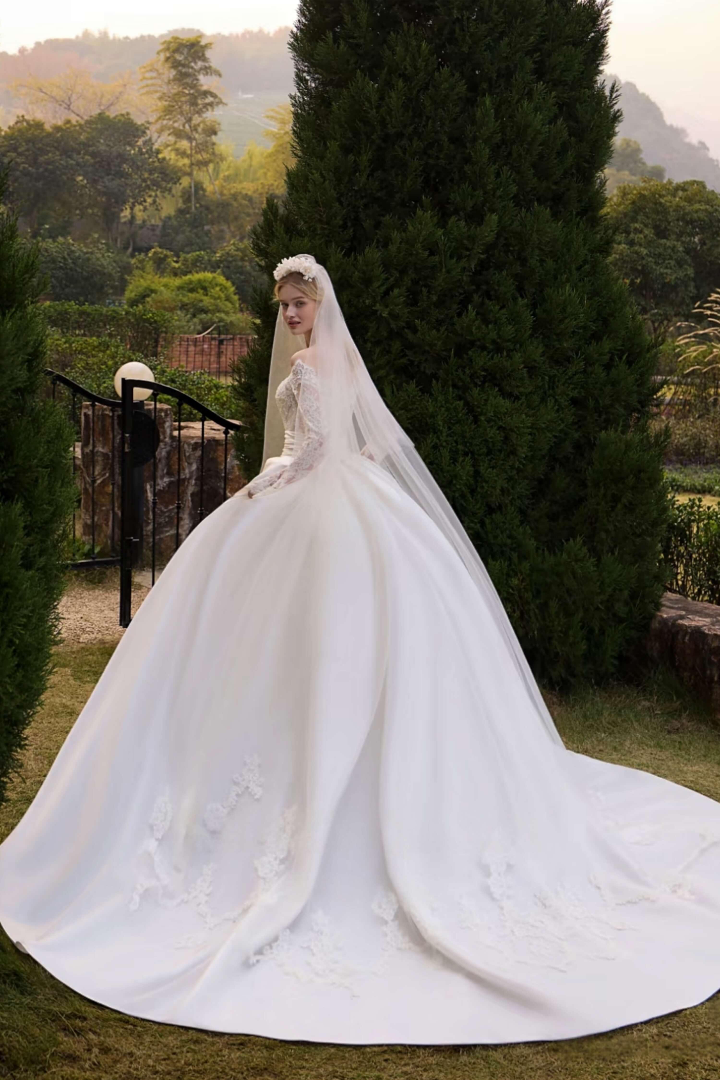 Lace Wedding Dress with Detachable Satin Cathedral Train-AND Bride