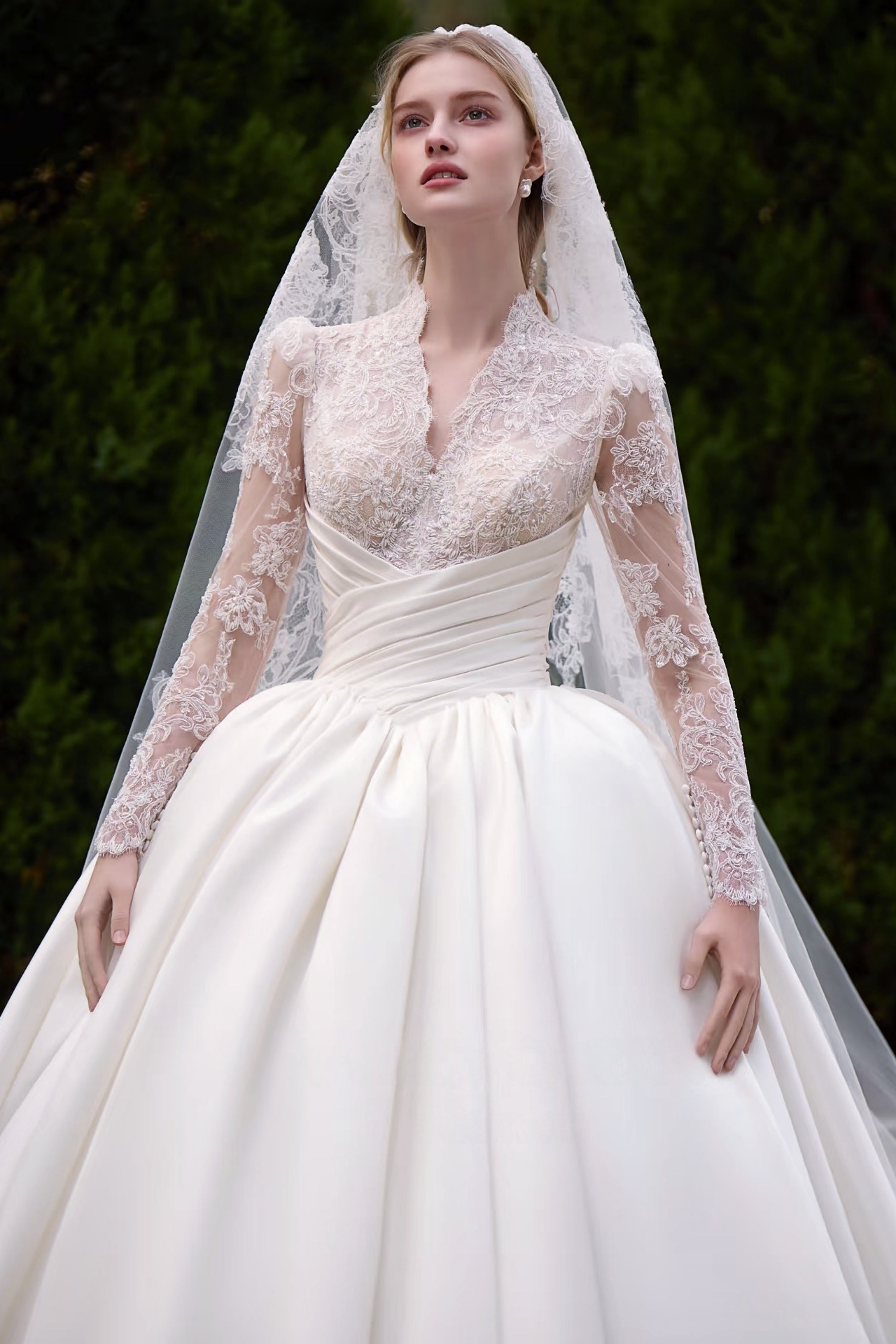TIANA -Ivory & Champagne lace satin Cathedral Train Ball Gown WEDDING DRESS LVB2721