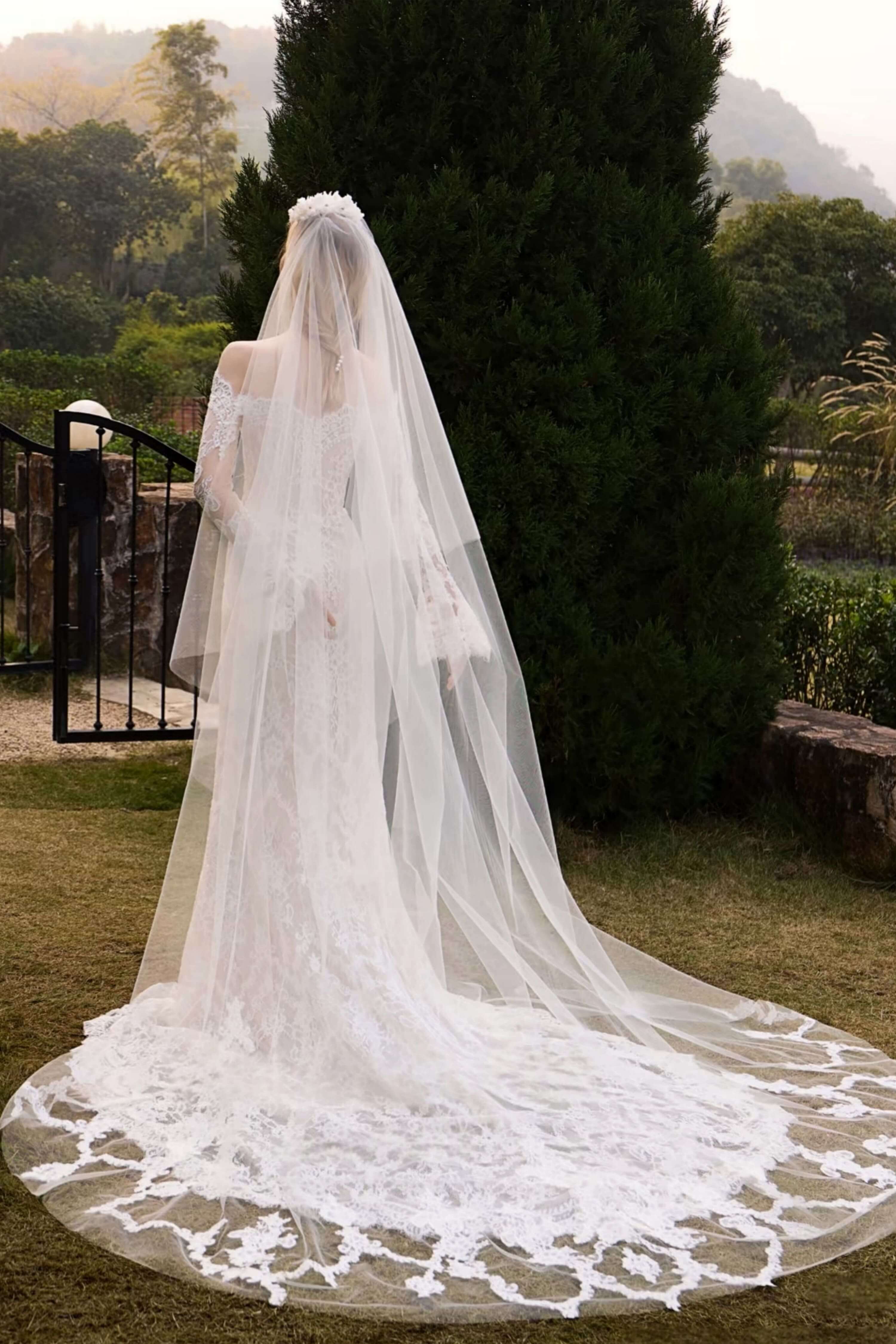 Lace Wedding Dress with Detachable Satin Cathedral Train-AND Bride