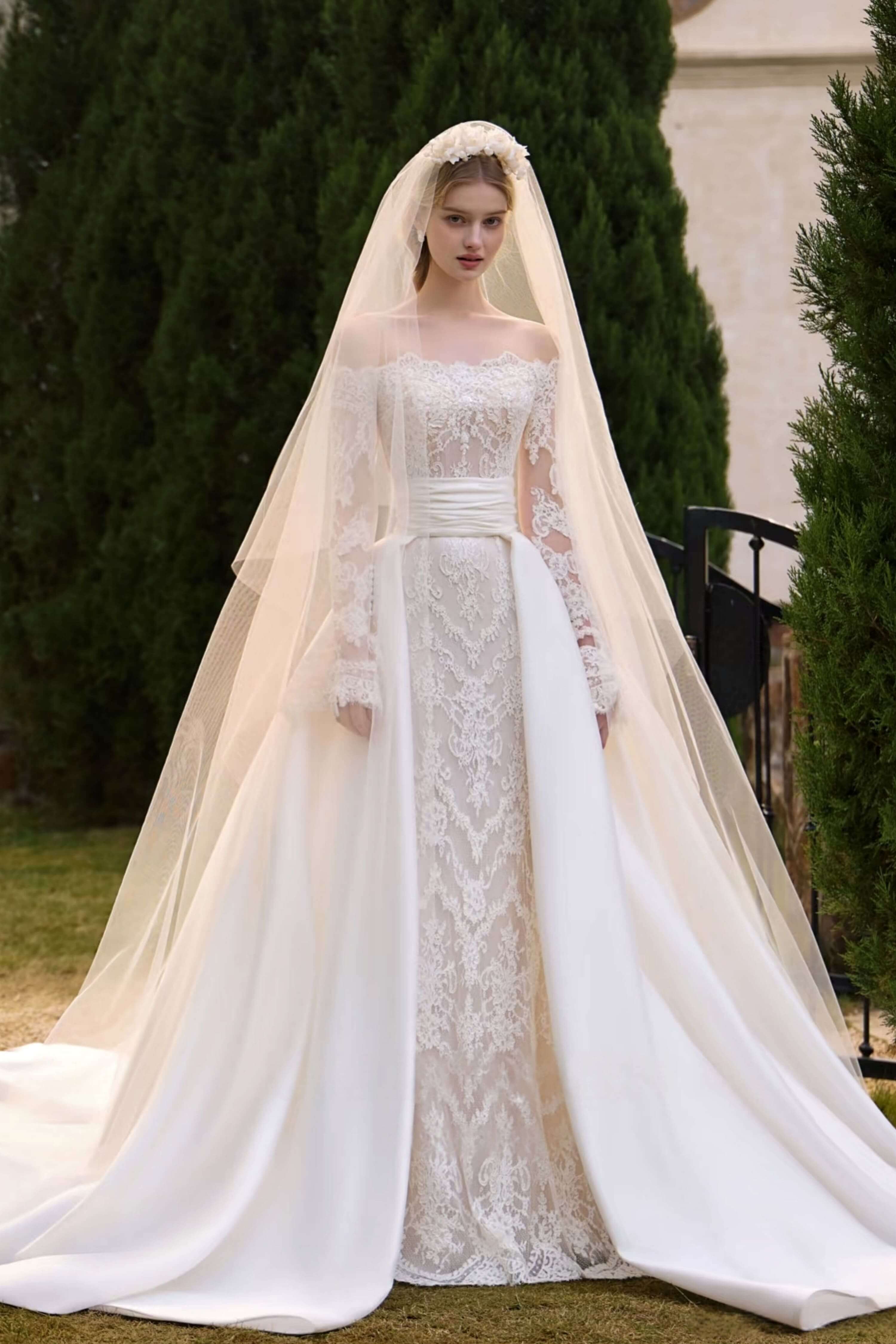 Lace Wedding Dress with Detachable Satin Cathedral Train-AND Bride