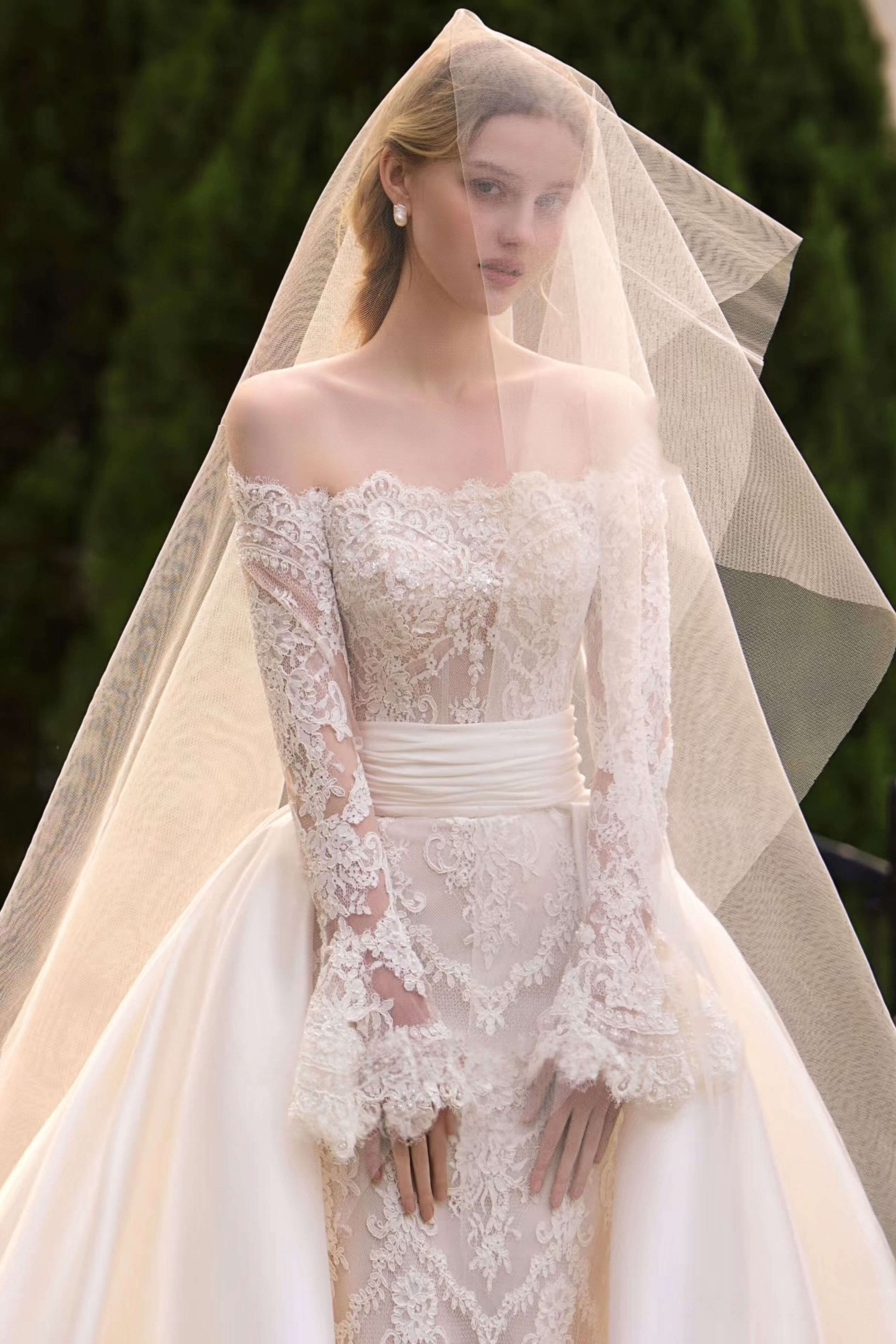Lace Wedding Dress with Detachable Satin Cathedral Train-AND Bride