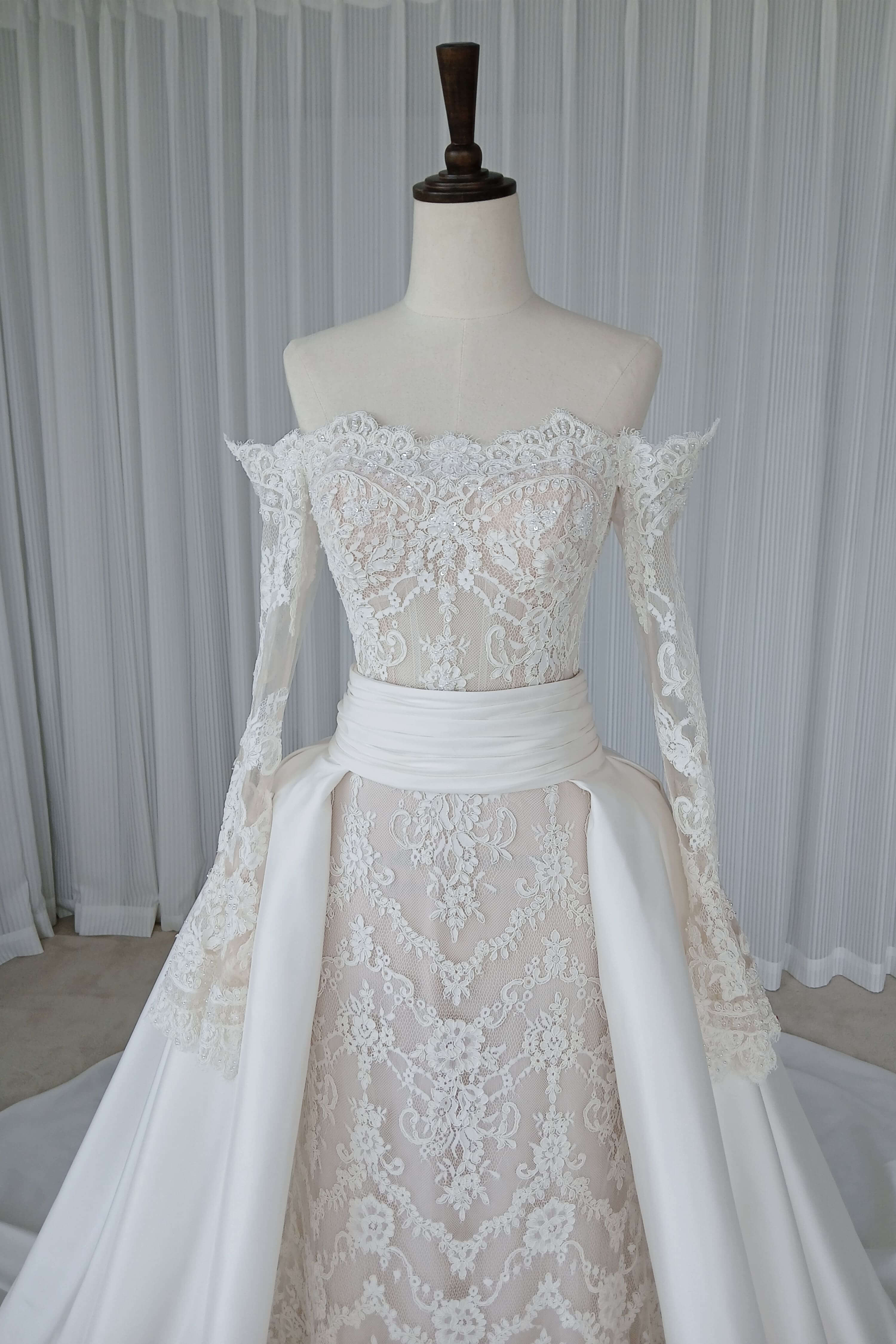 Lace Wedding Dress with Detachable Satin Cathedral Train-AND Bride