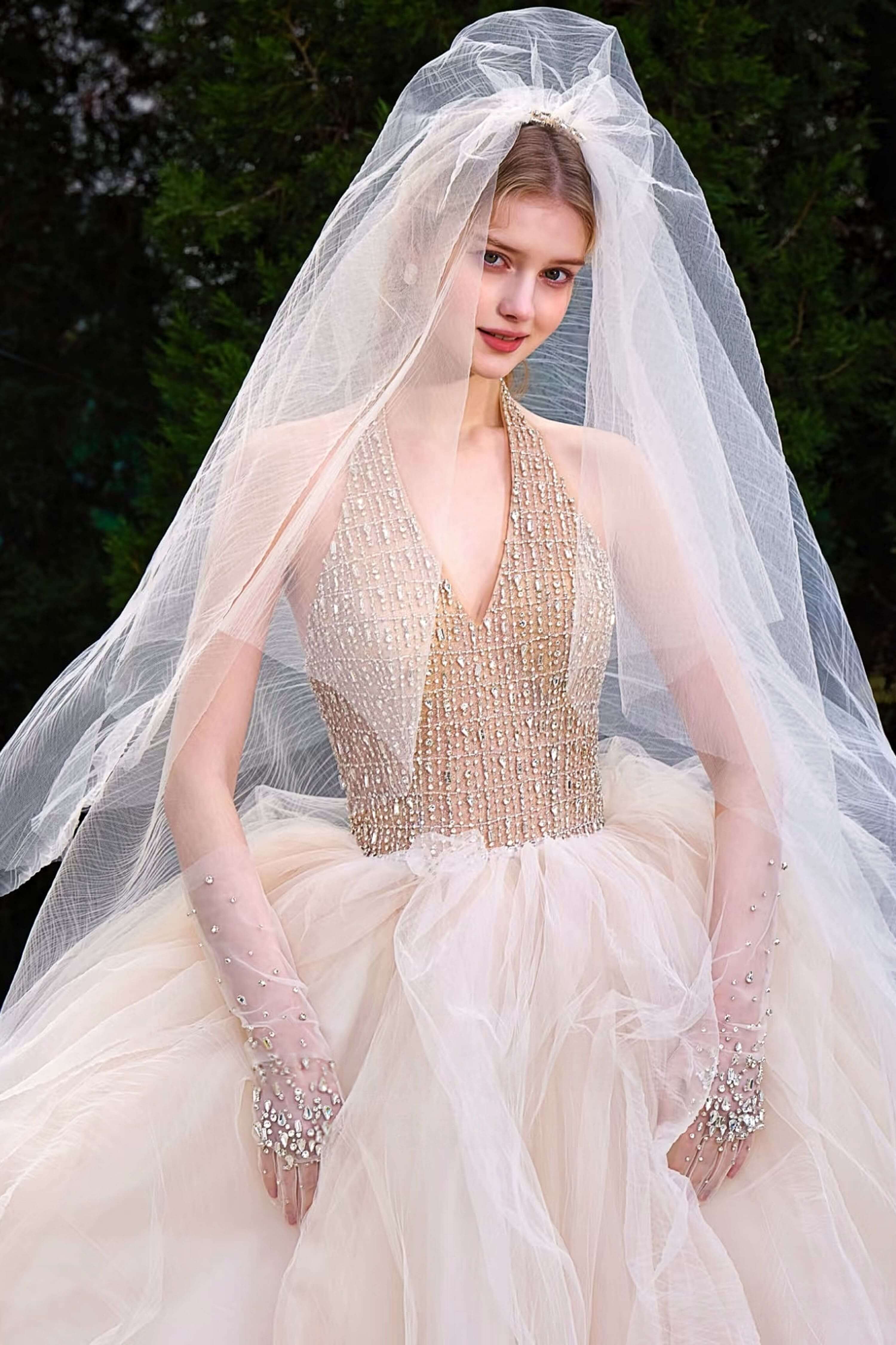 Open Back Beaded Mermaid Wedding Dress with Gloves-AND Bride