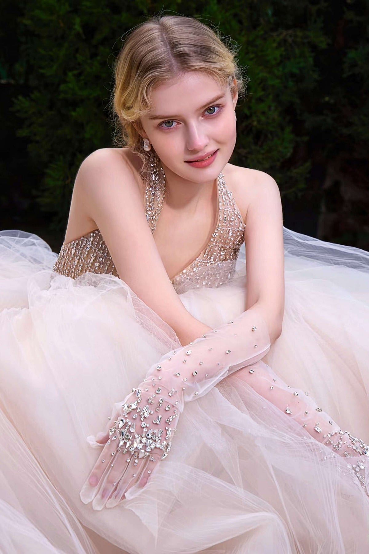 Open Back Beaded Mermaid Wedding Dress with Gloves-AND Bride